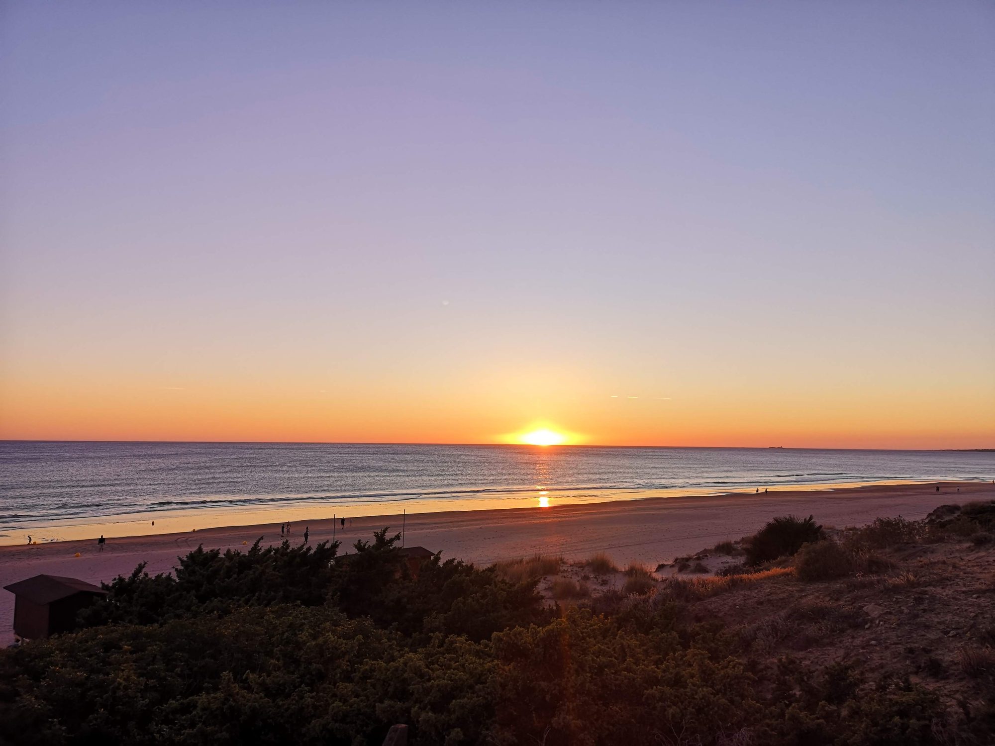 Puesta de sol dorada sobre la amplia playa y el mar con vegetación costera.