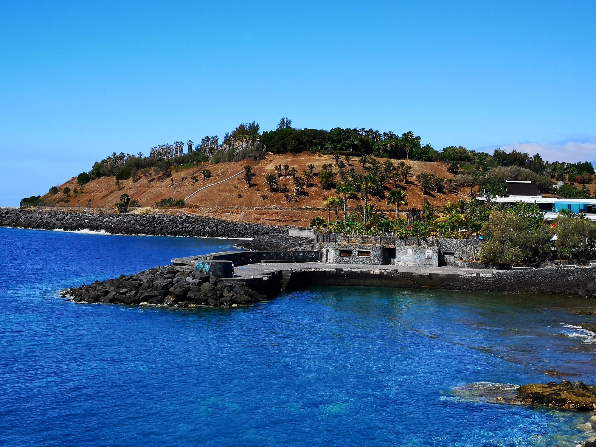 Costa rocosa y colina con palmeras frente a aguas azules en Santa Cruz.