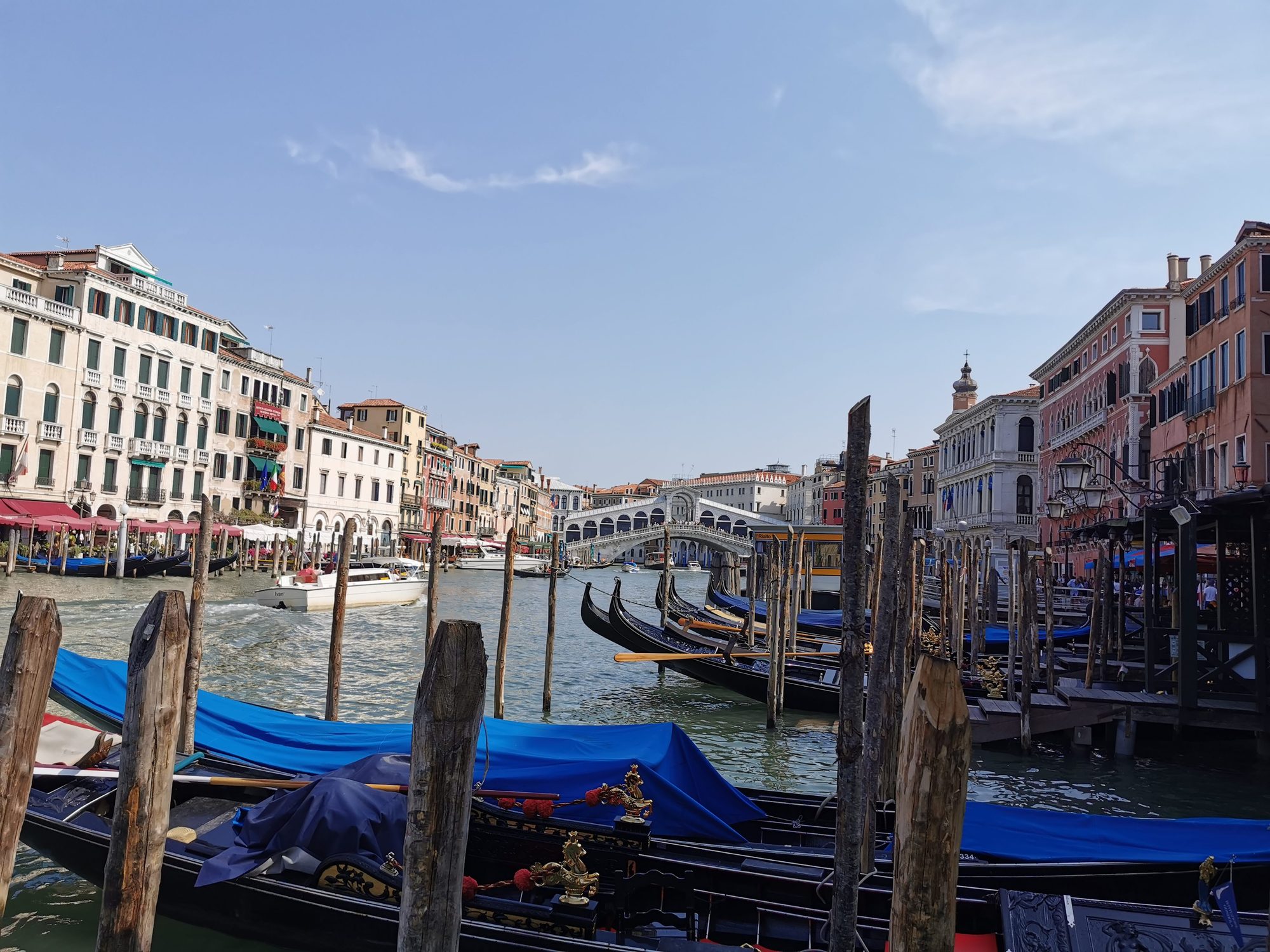 Góndolas amarradas en el Gran Canal de Venecia con el Puente de Rialto al fondo.
