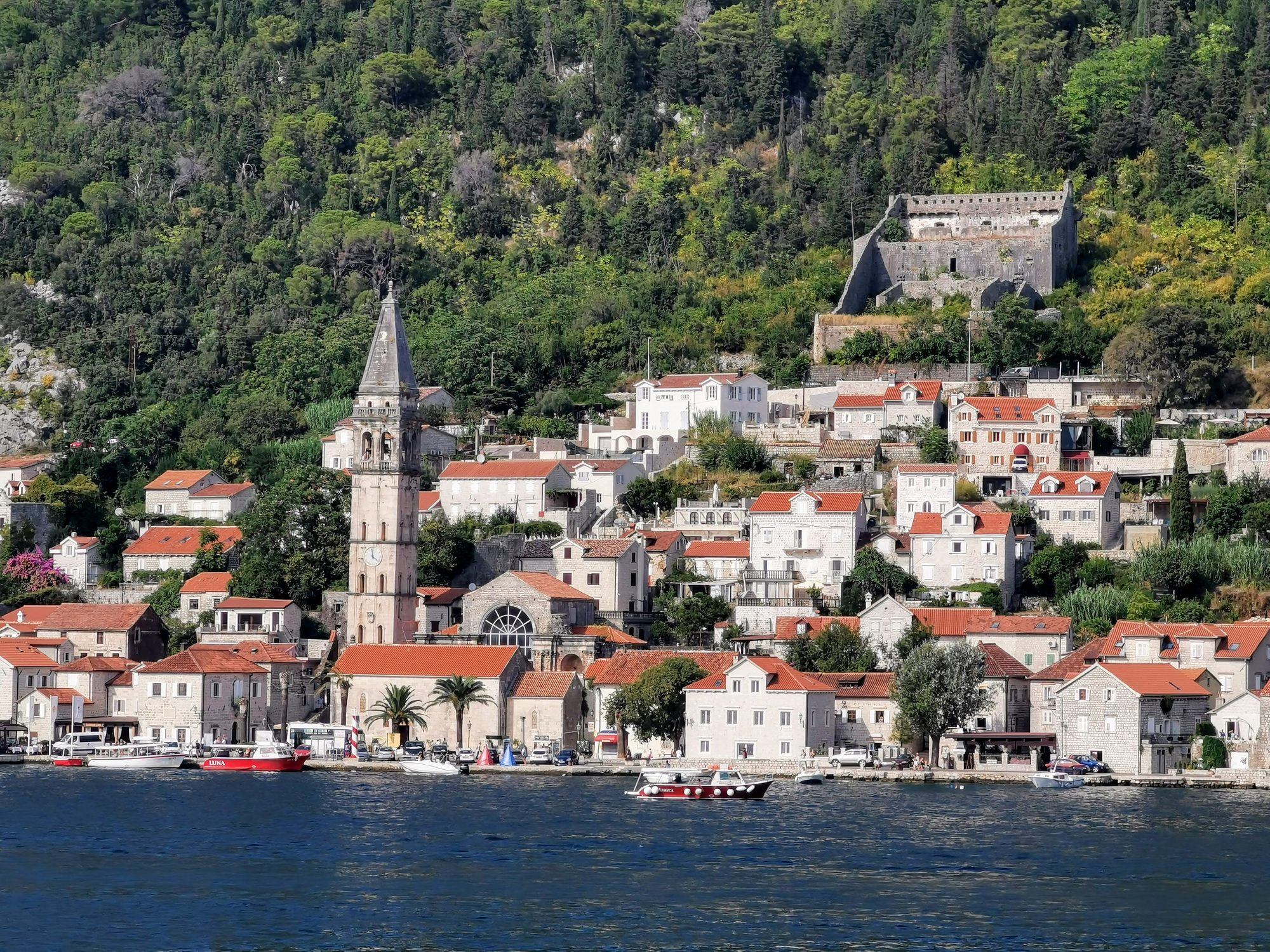 Casas de piedra y campanario de Perast junto al mar y colinas verdes.