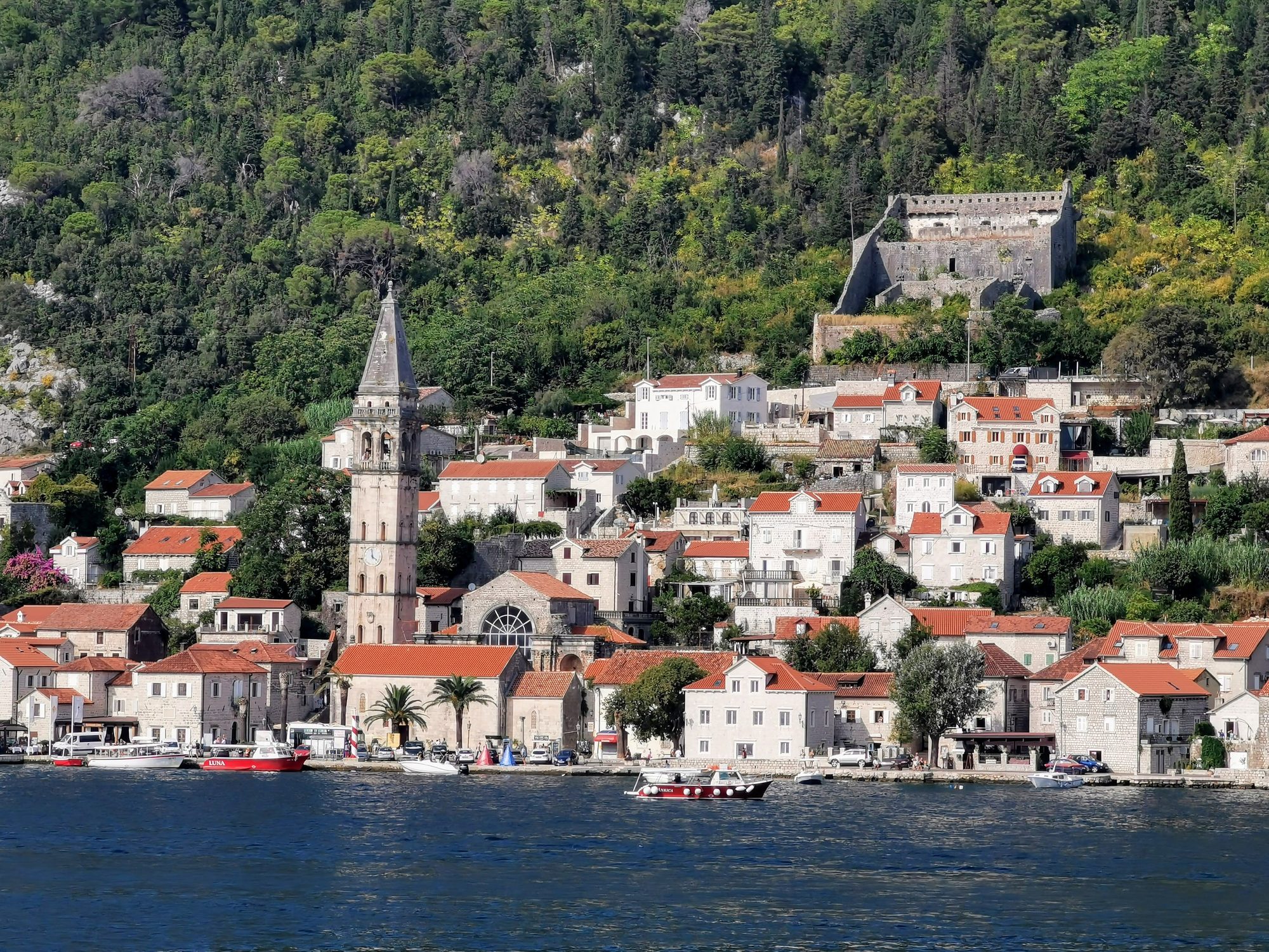 Pueblo costero de Perast con casas de piedra, campanario y colina boscosa junto al mar.
