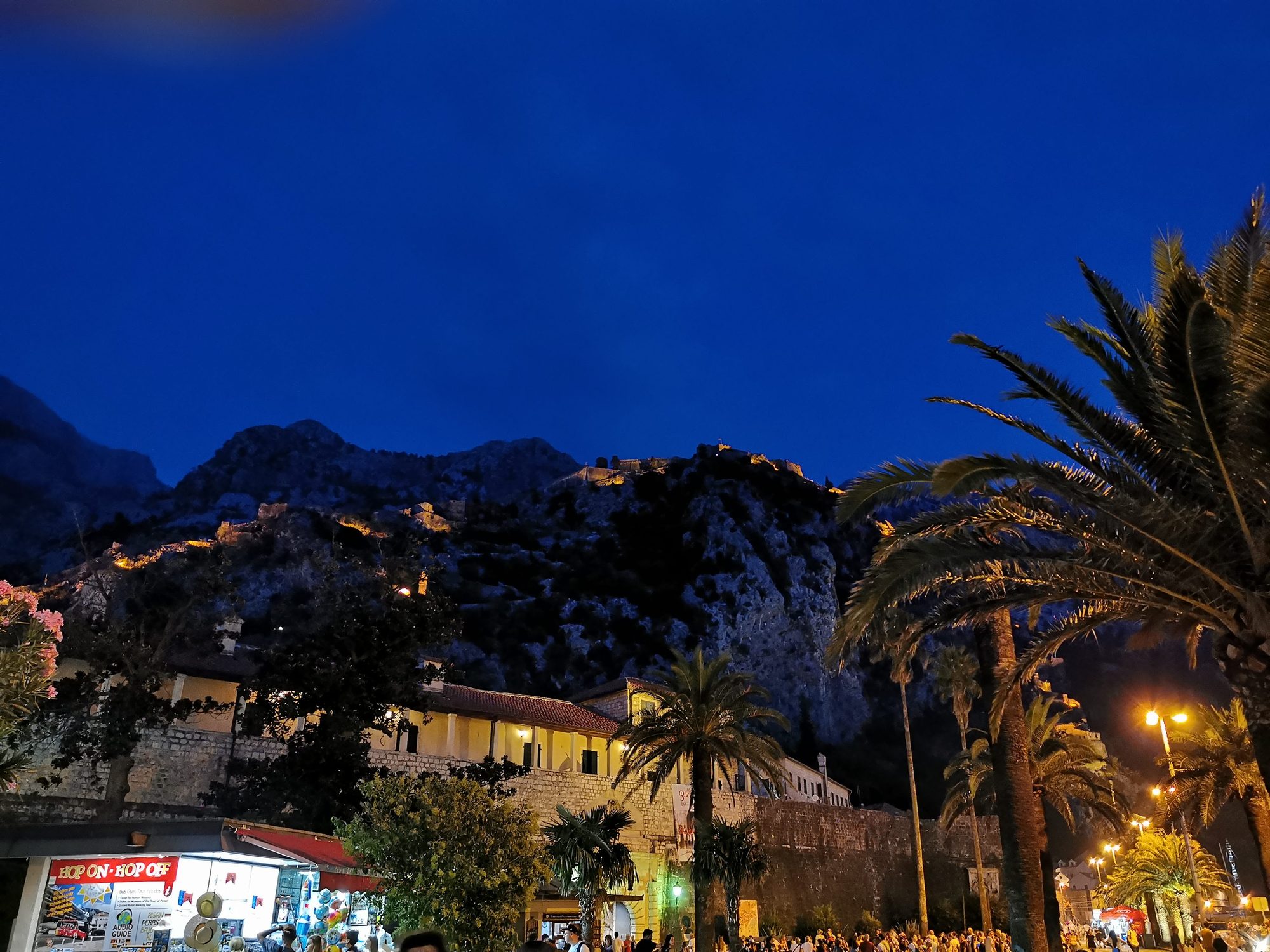 Murallas y fortaleza iluminadas en la montaña de Kotor al anochecer tras palmeras.