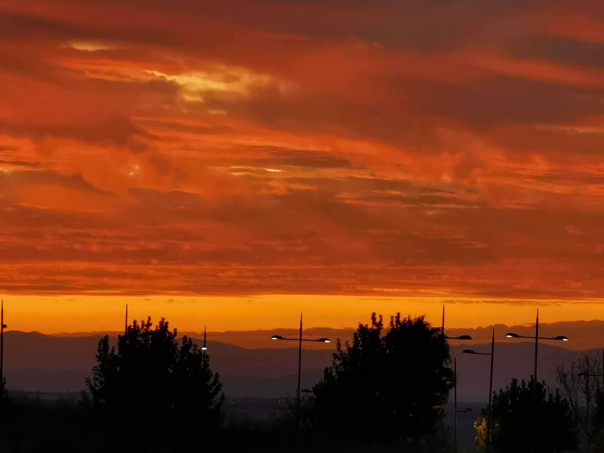 Cielo nuboso con intenso atardecer en tonos rojizos y anaranjados sobre siluetas de árboles.