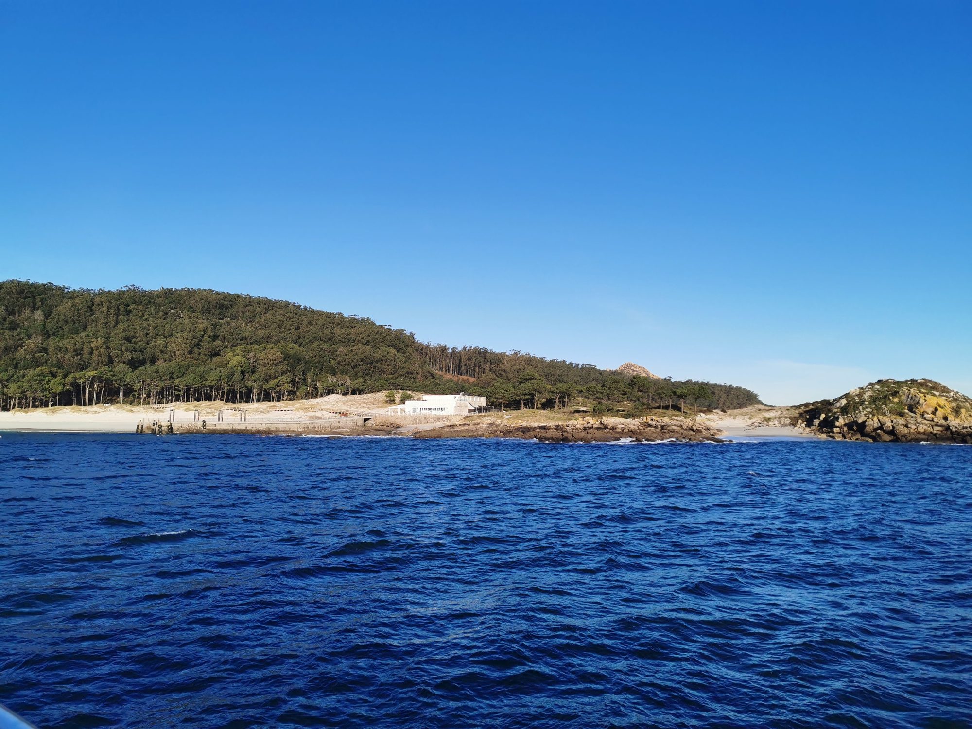 Costa con pinares, playa de arena blanca y muelle frente al mar azul despejado.