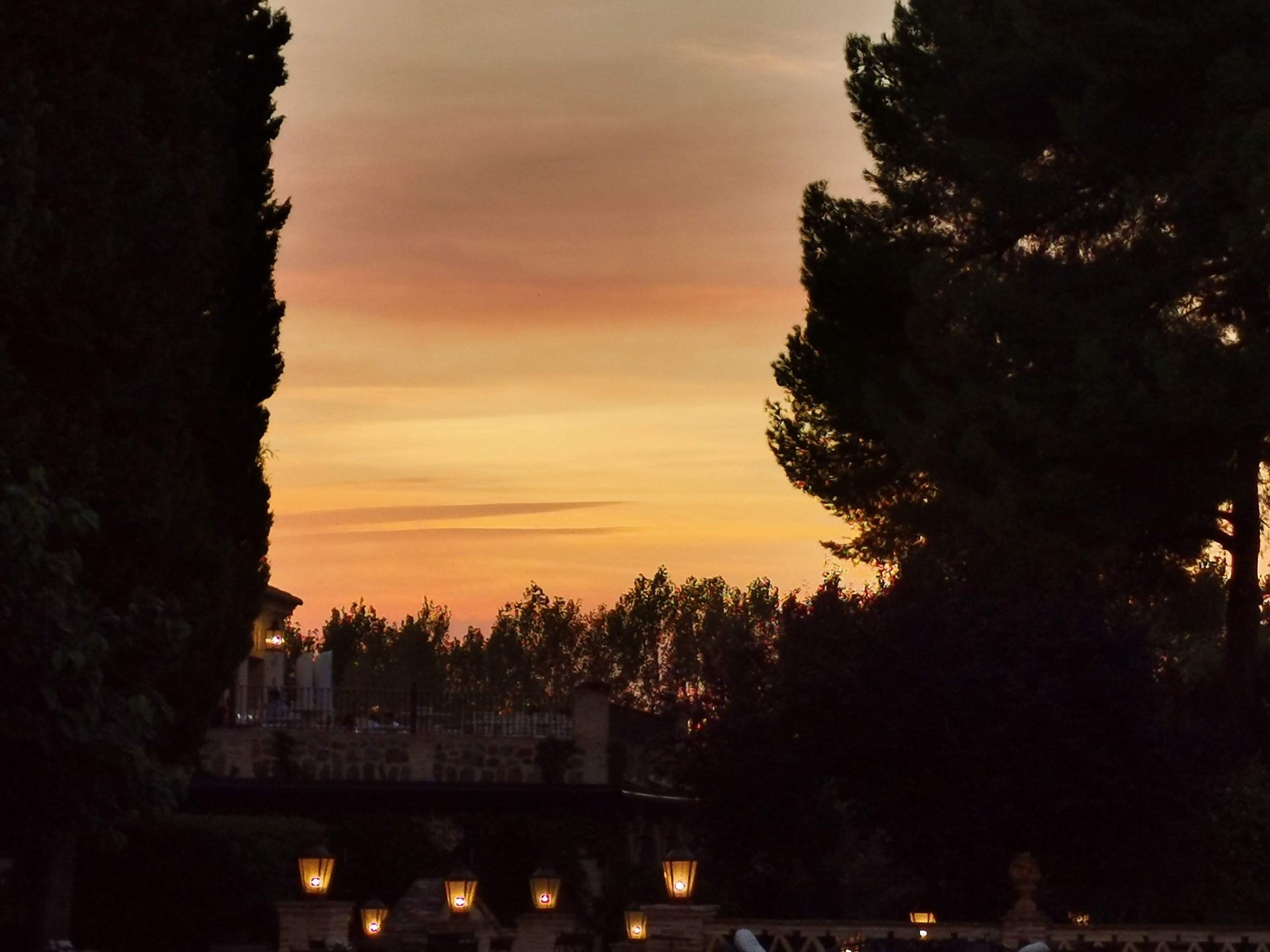 Atardecer de tonos anaranjados enmarcado por siluetas de árboles y farolillos iluminados