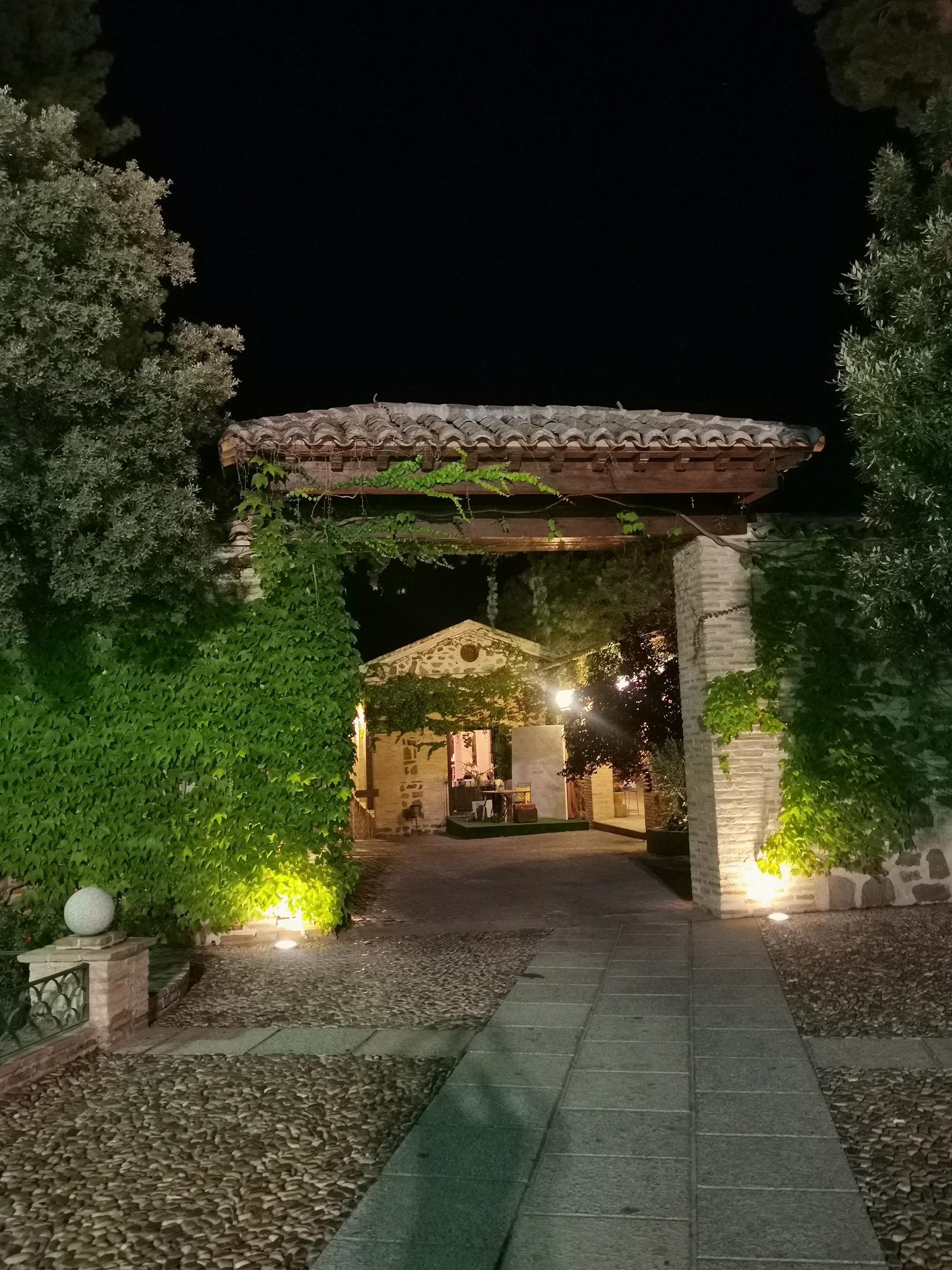 Entrada con arco rústico cubierto de enredaderas e iluminado de noche hacia un patio.