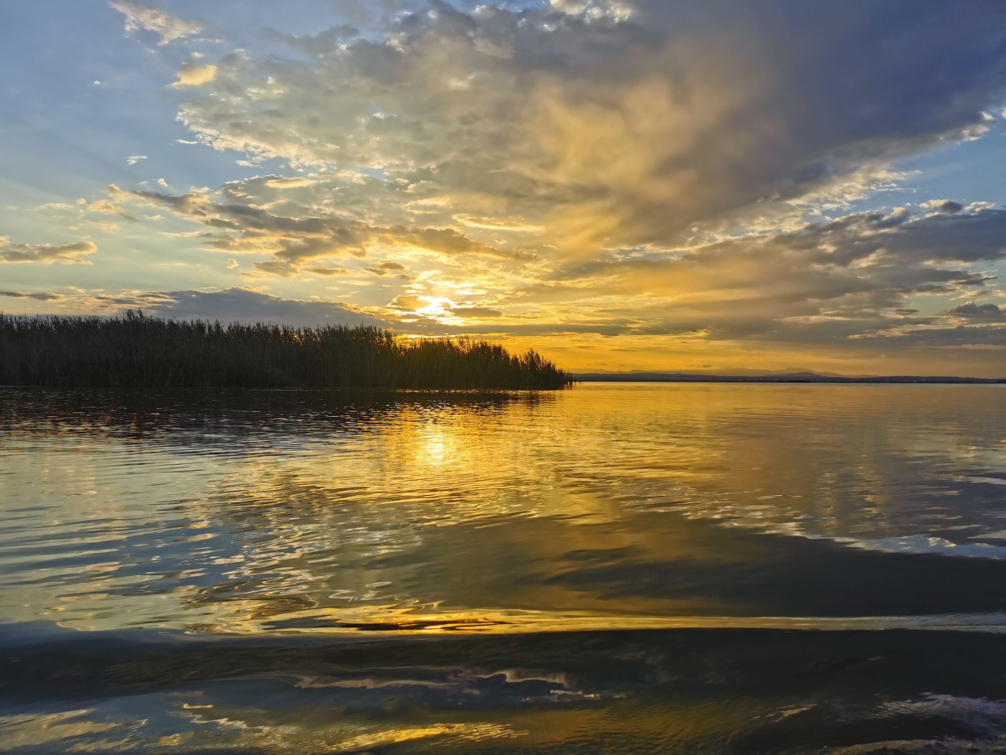 Atardecer dorado sobre aguas tranquilas con reflejos del cielo nublado y vegetación ribereña.