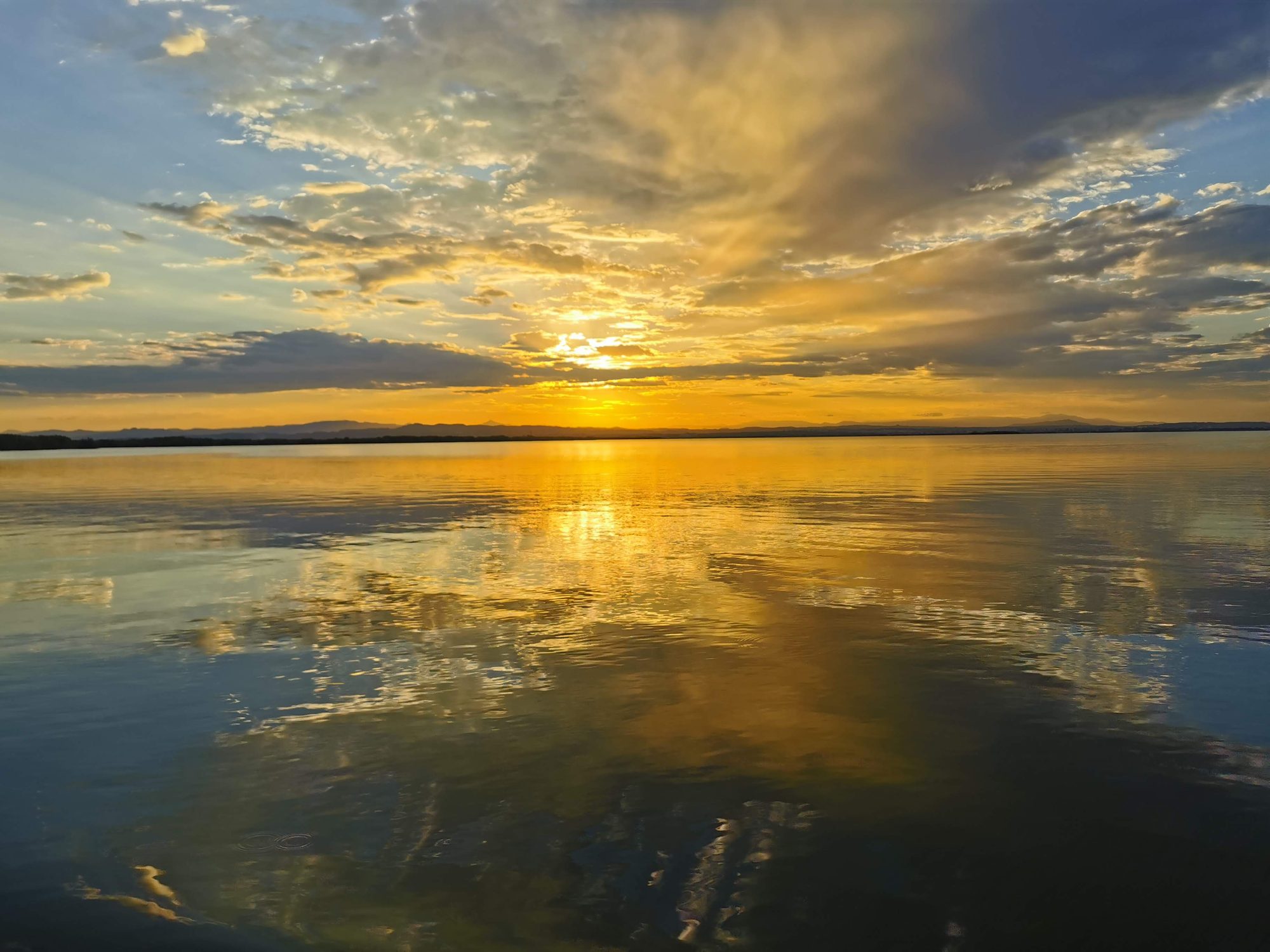 Puesta de sol dorada reflejada en las aguas tranquilas de la Albufera de Valencia.