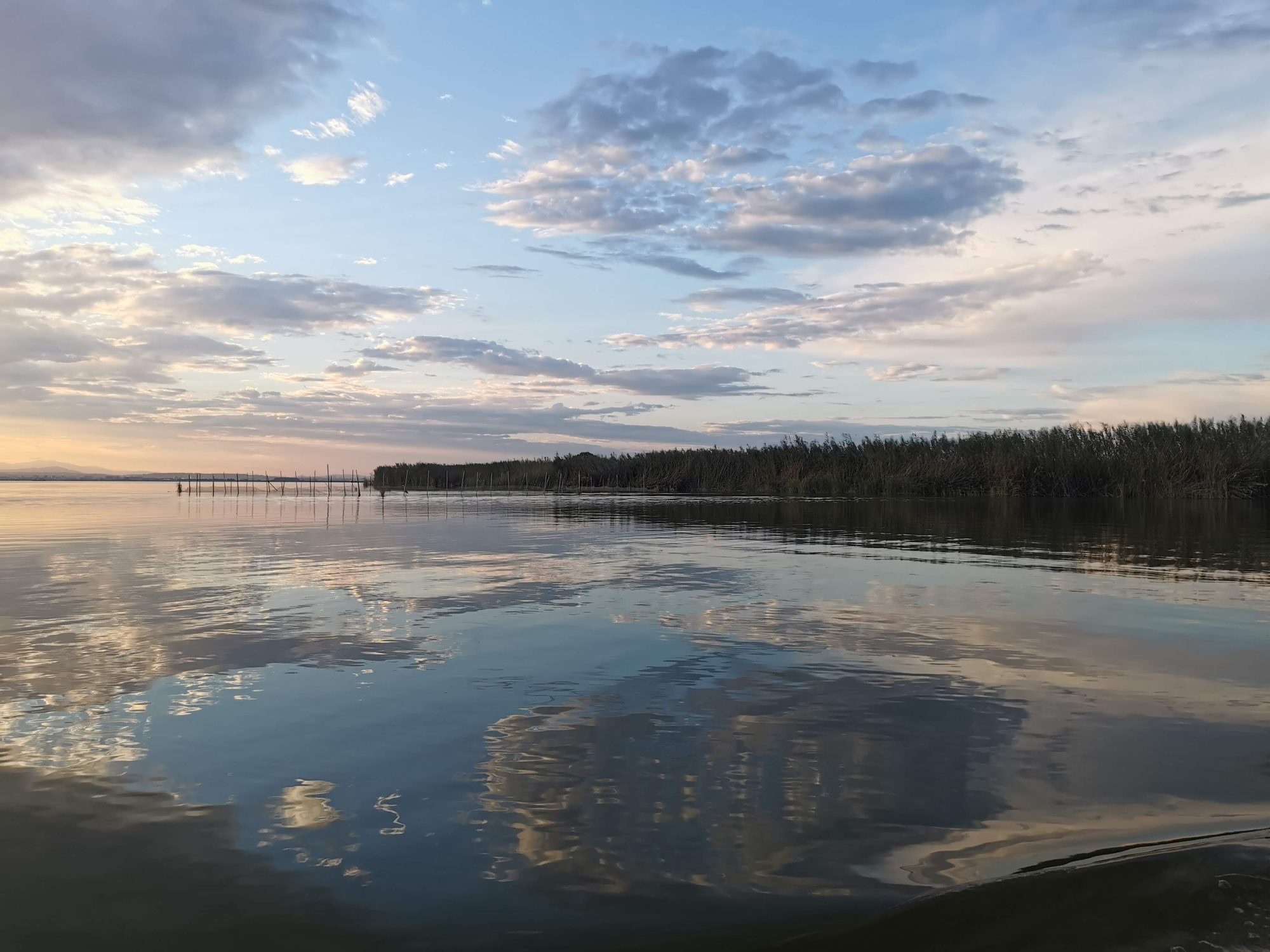 Reflejo de nubes en las aguas tranquilas de la Albufera de Valencia al atardecer.