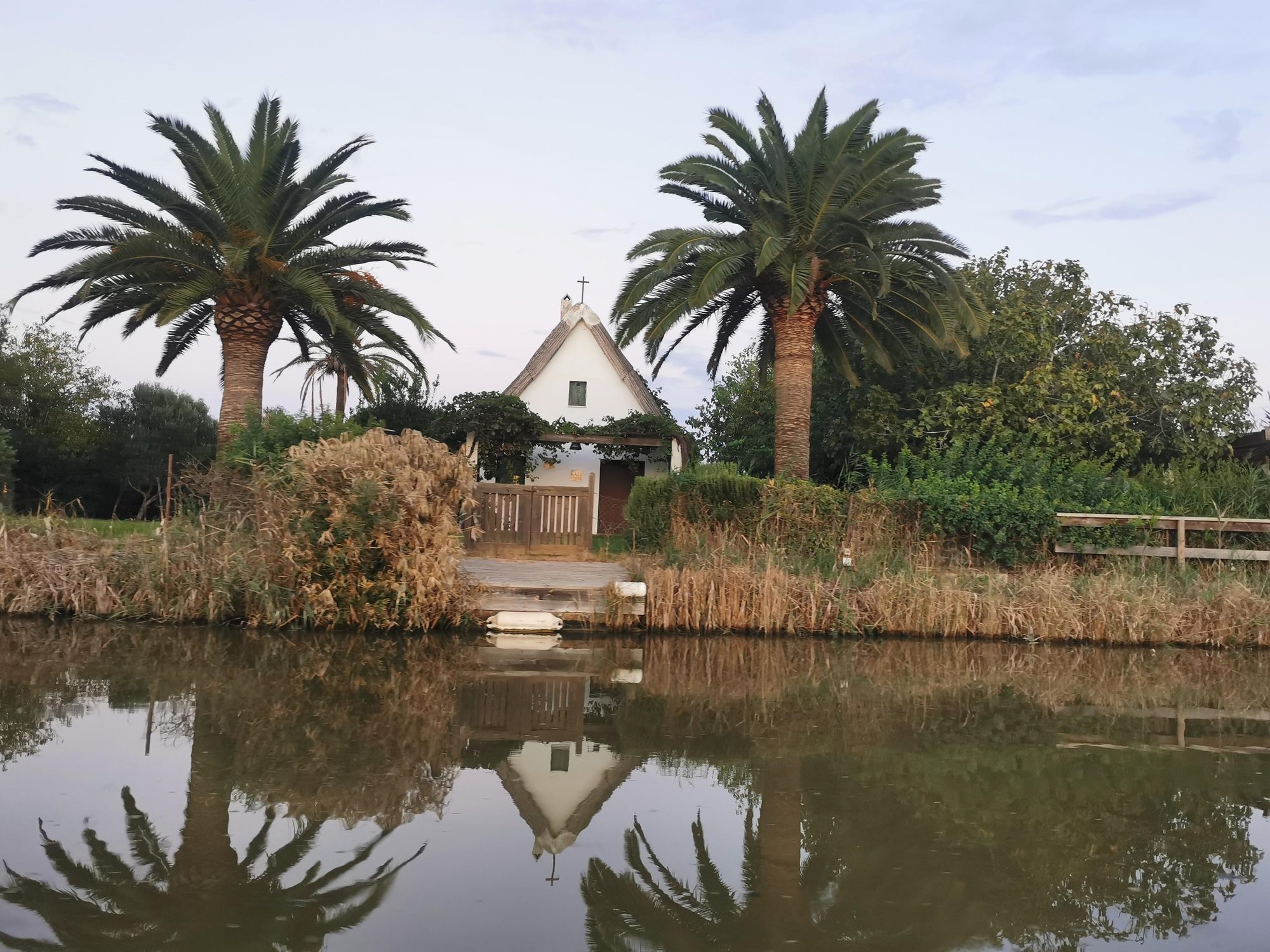Barraca tradicional valenciana entre dos palmeras reflejada en las aguas de un canal.