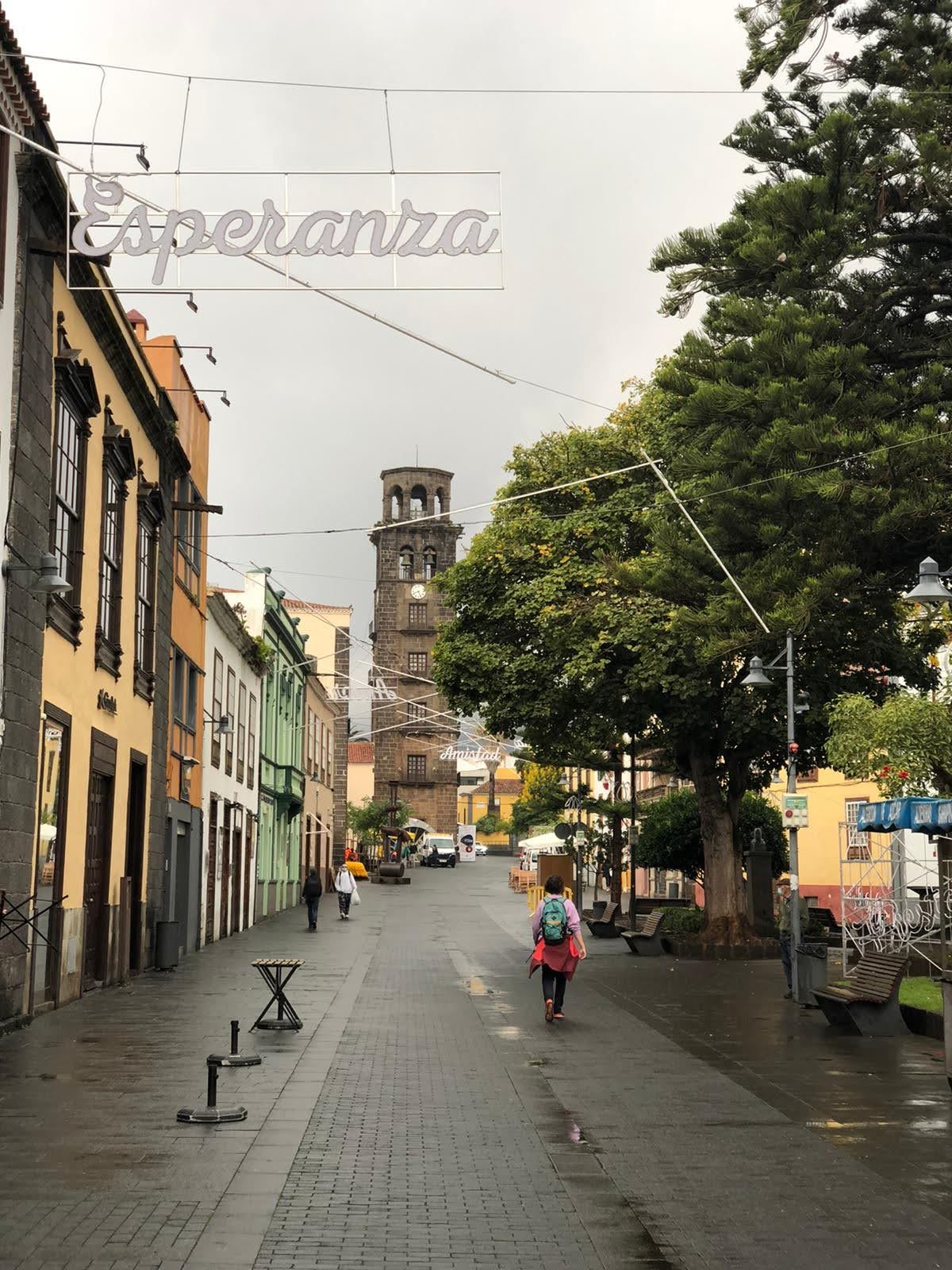 Calle peatonal con edificios coloniales y torre histórica al fondo bajo cielo nublado.