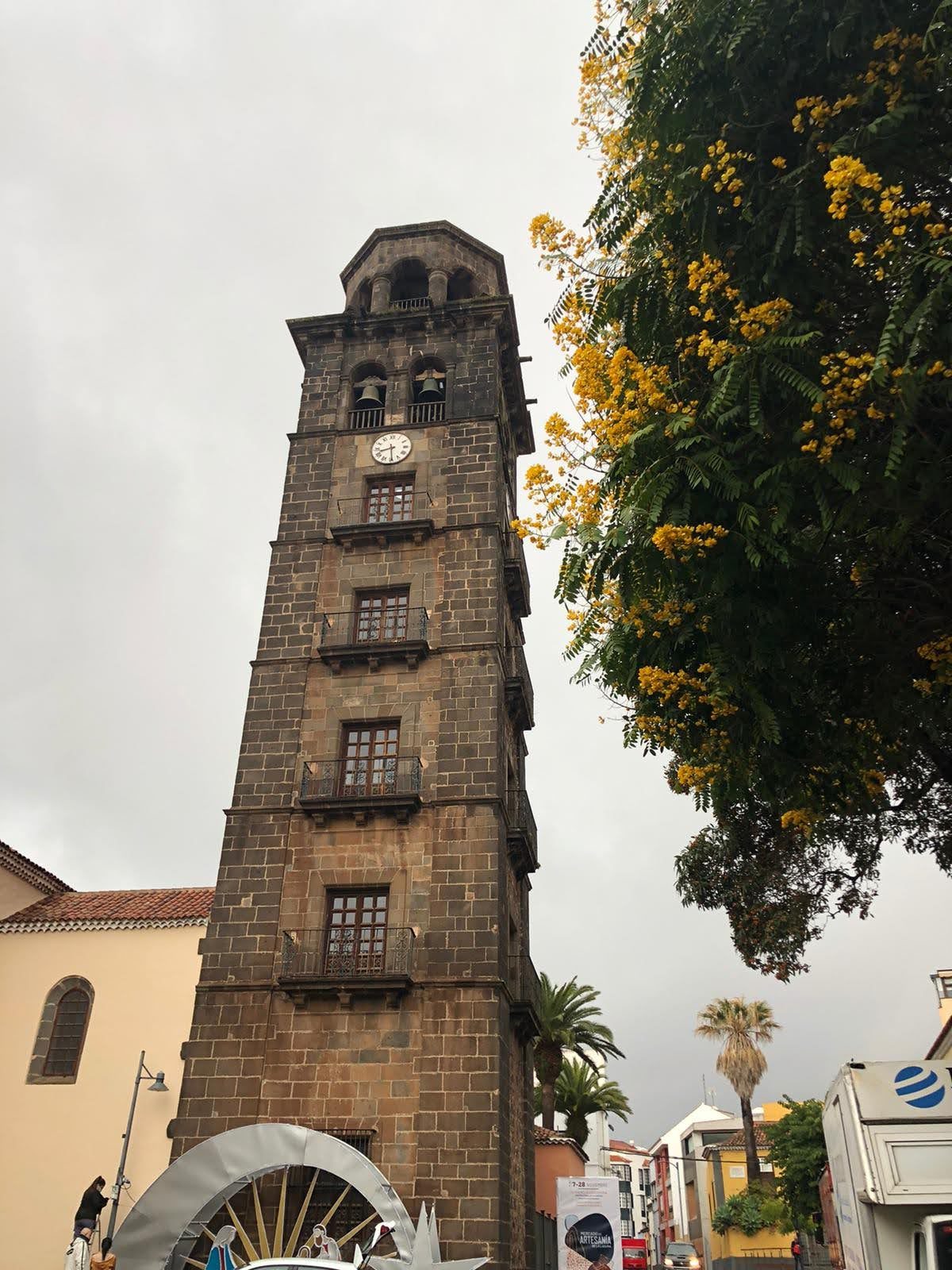 Torre campanario de piedra oscura de una iglesia junto a un árbol con flores amarillas.