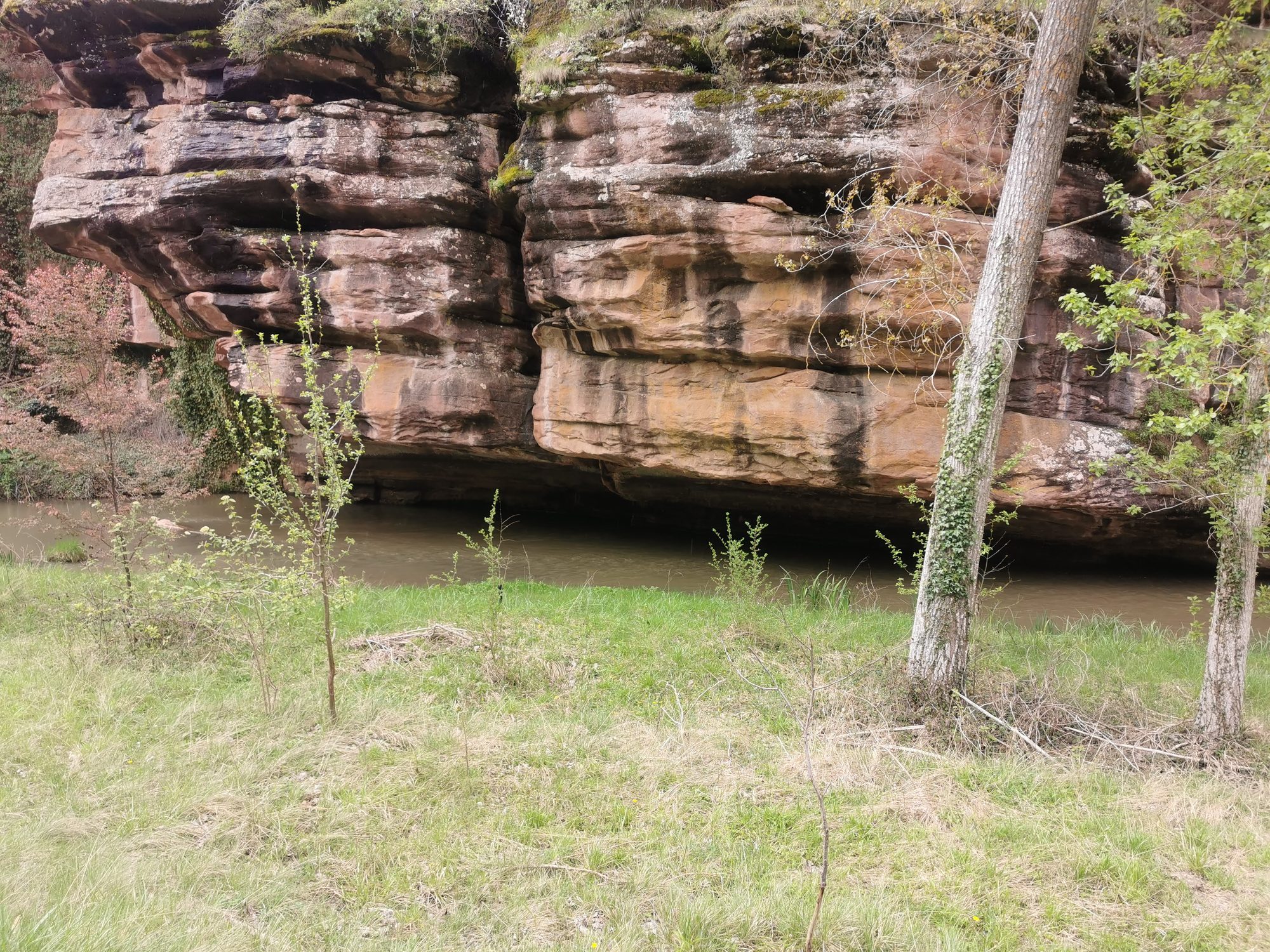 Imponentes formaciones de roca rojiza estratificada junto a un río rodeado de vegetación.