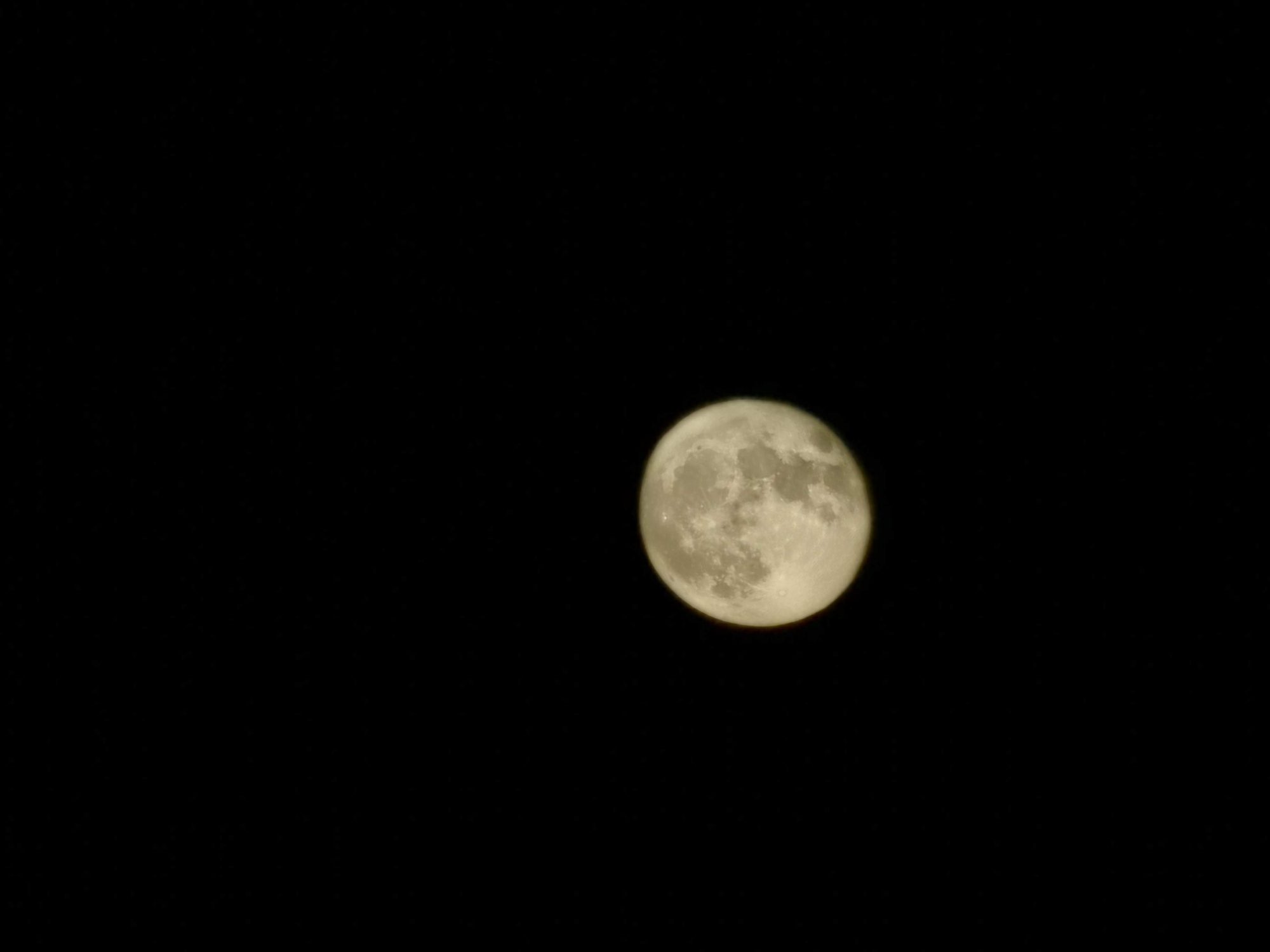 Luna casi llena brillante en medio de un cielo nocturno completamente negro.