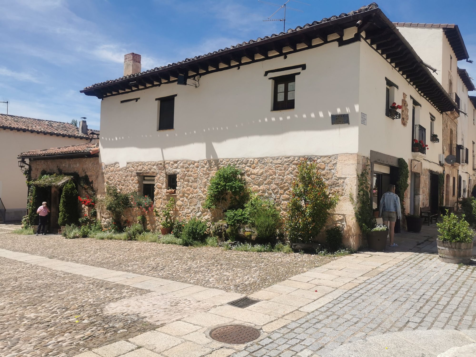 Casa tradicional de piedra y cal con plantas en una plaza empedrada de Covarrubias.