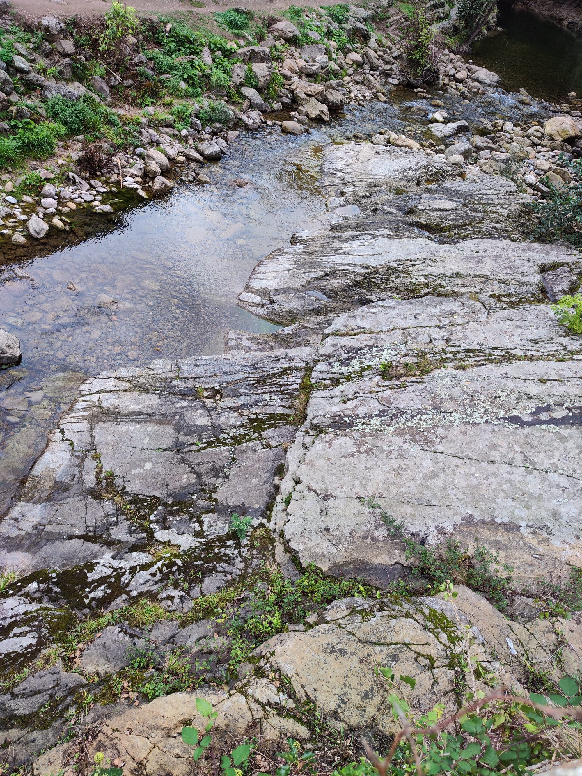 Arroyo de aguas cristalinas fluyendo entre grandes formaciones rocosas y vegetación natural.