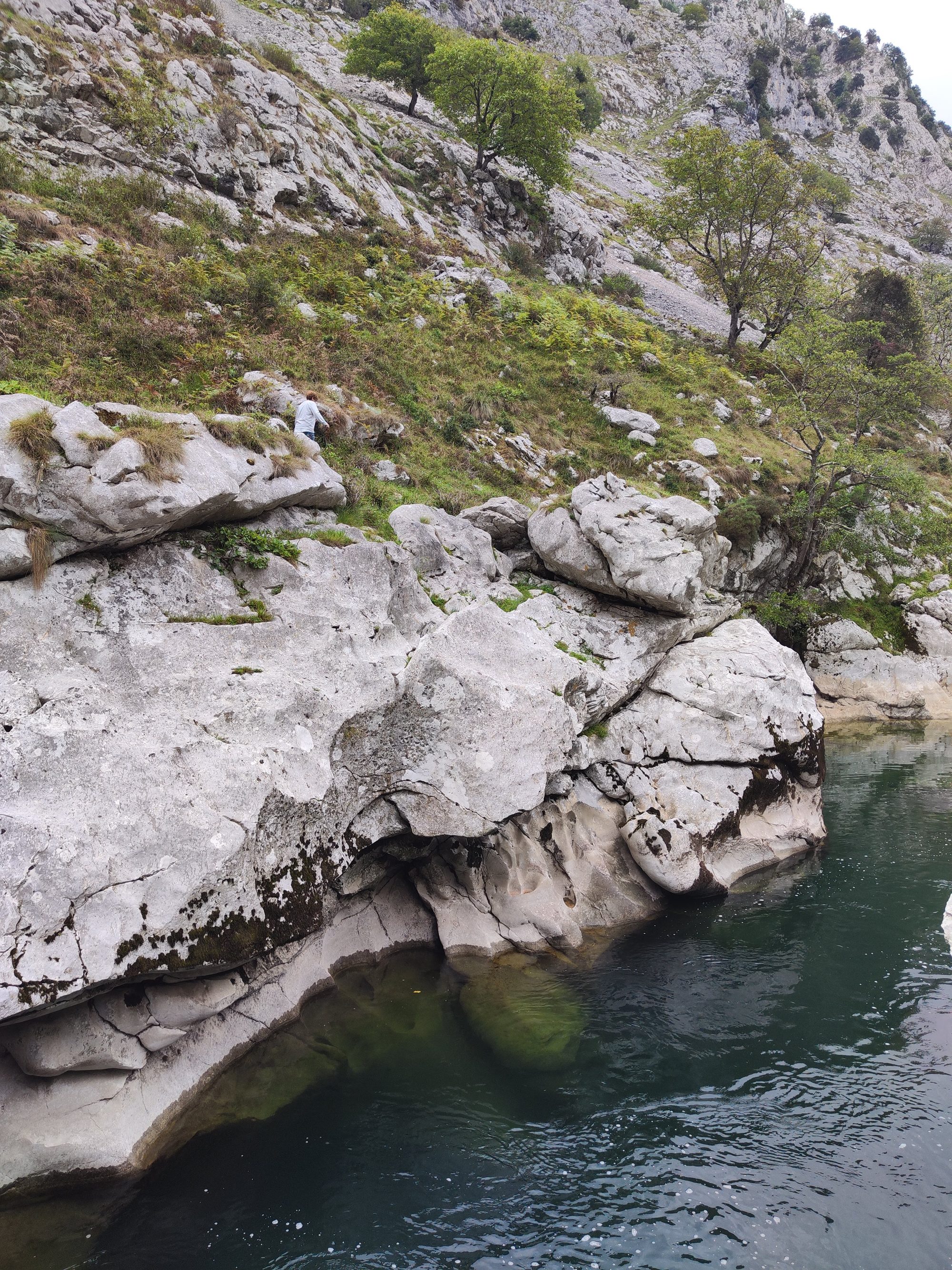 Rocas calizas escarpadas junto a las aguas cristalinas de un río de montaña.