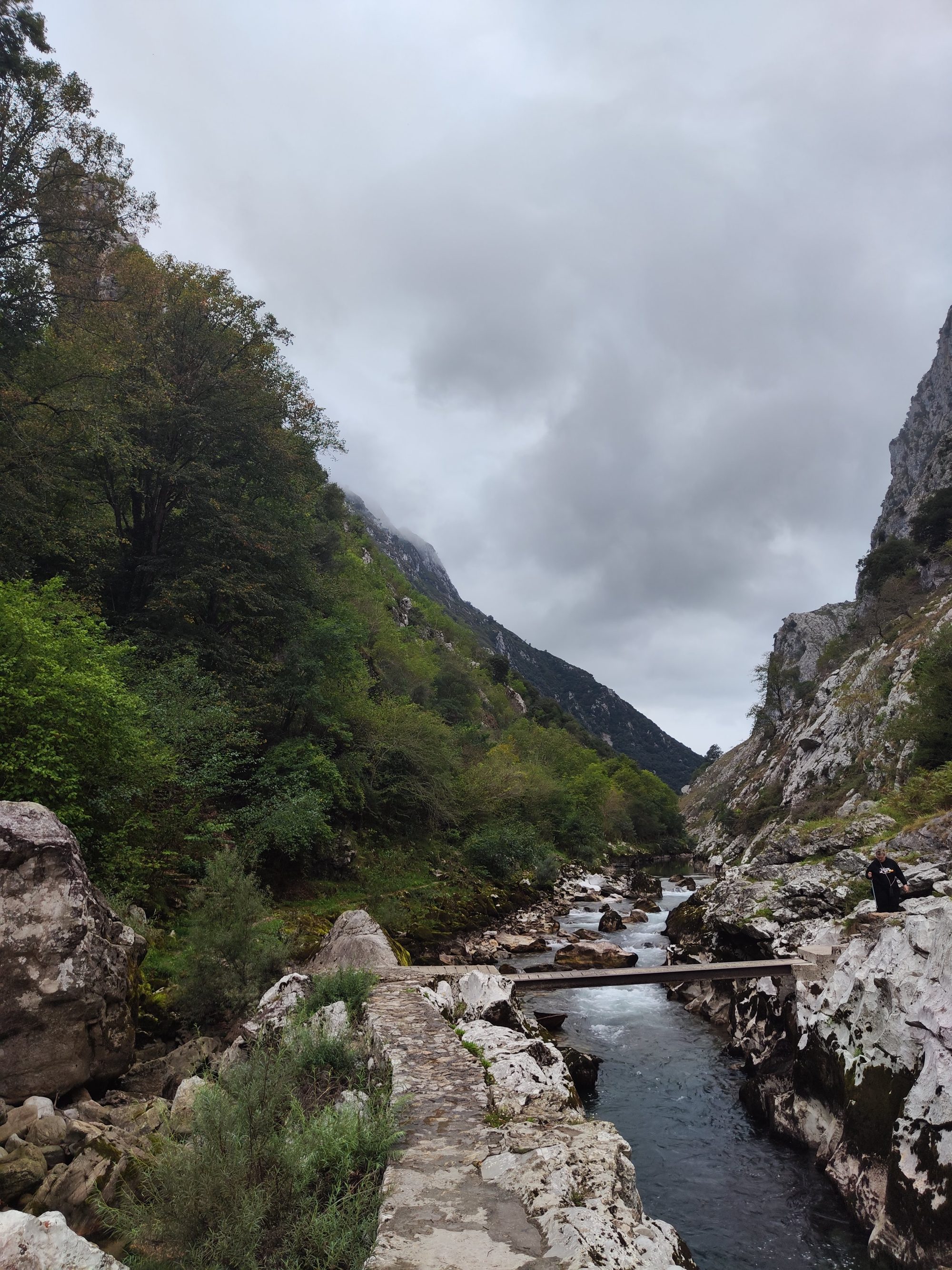 Sendero de piedra y puente sobre un río encajonado entre montañas verdes y rocosas.