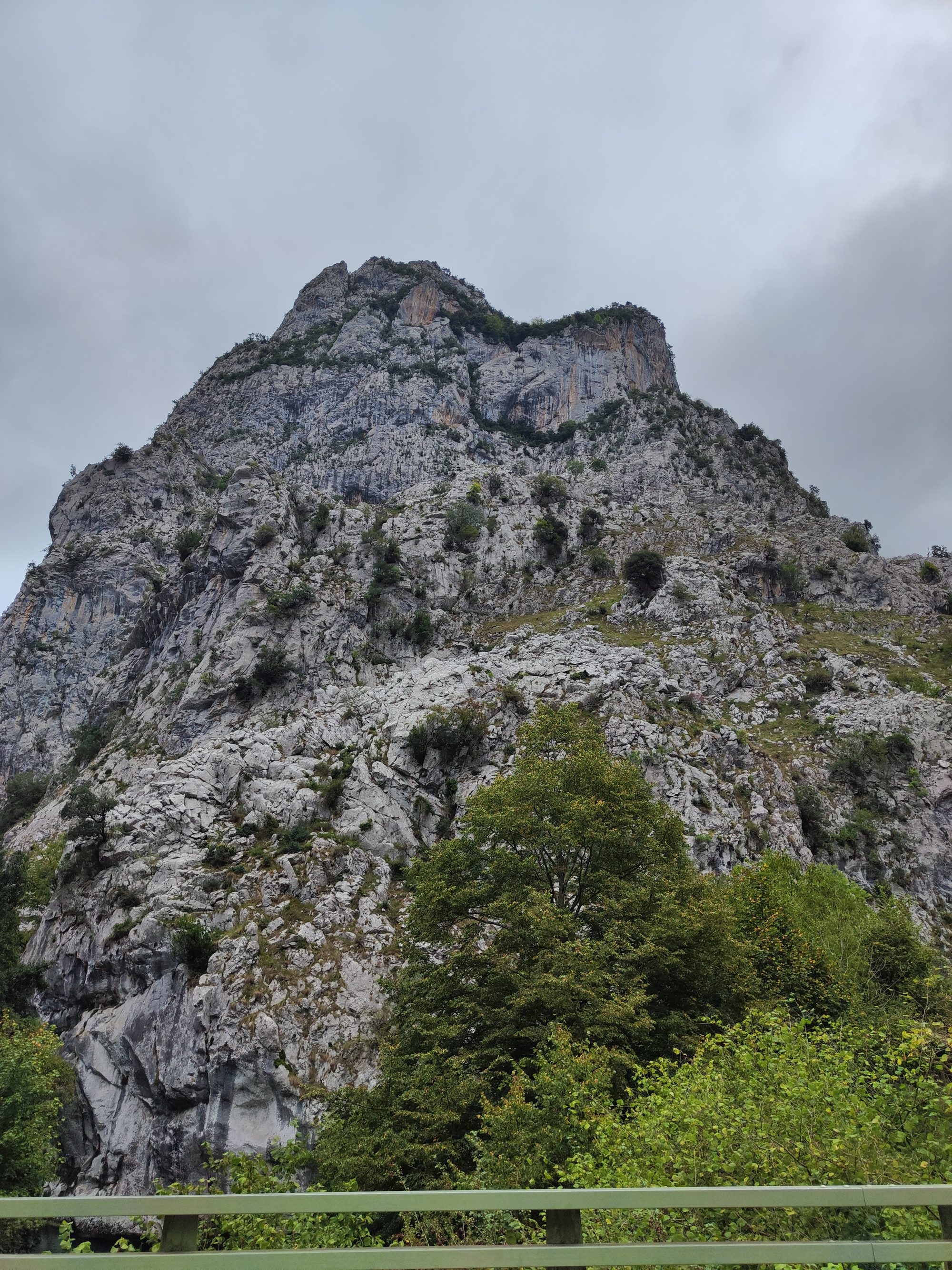 Imponente montaña rocosa de piedra caliza con vegetación verde bajo un cielo nublado.