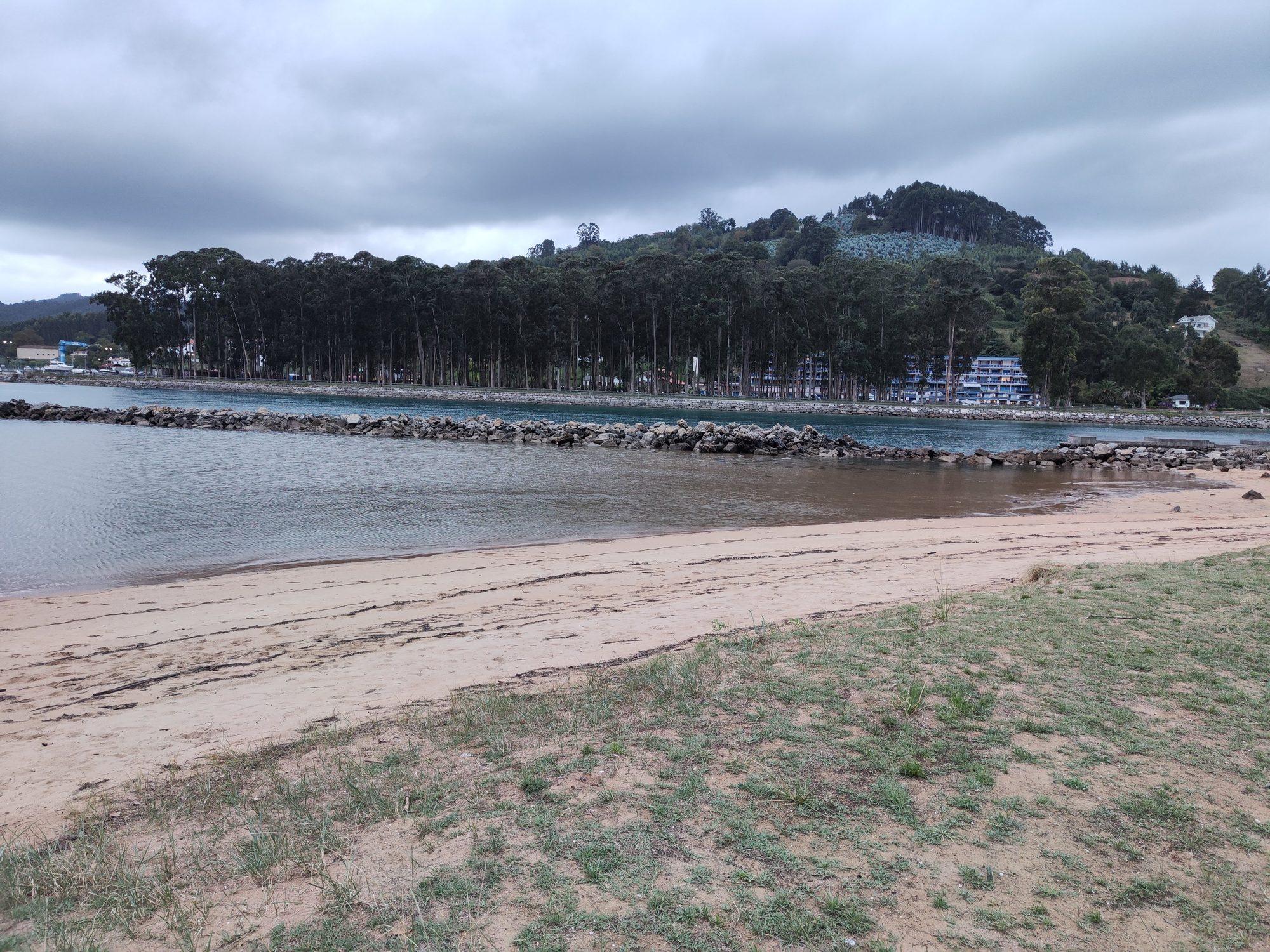 Playa y ría de Villaviciosa con espigón de rocas y colina boscosa de fondo.