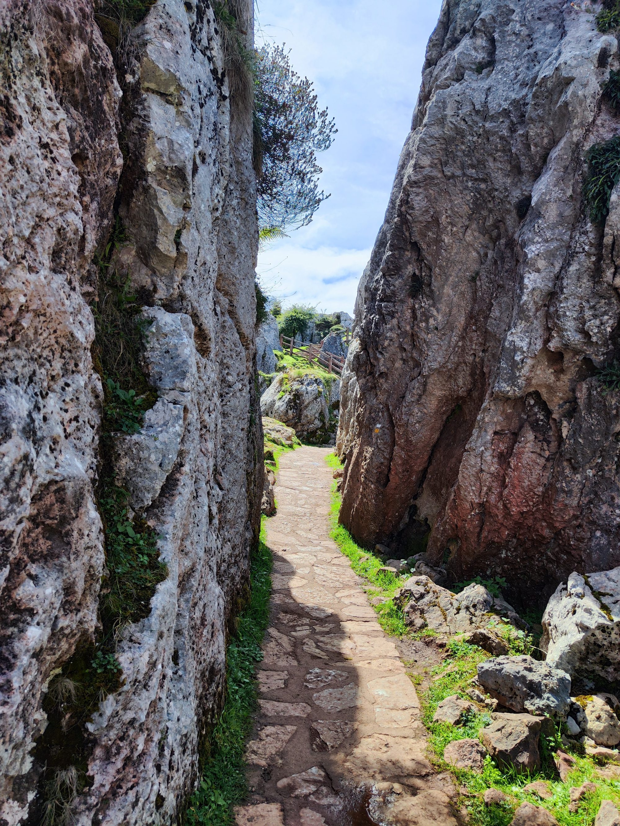 Sendero de piedra que cruza entre dos altas paredes de roca caliza escarpada.
