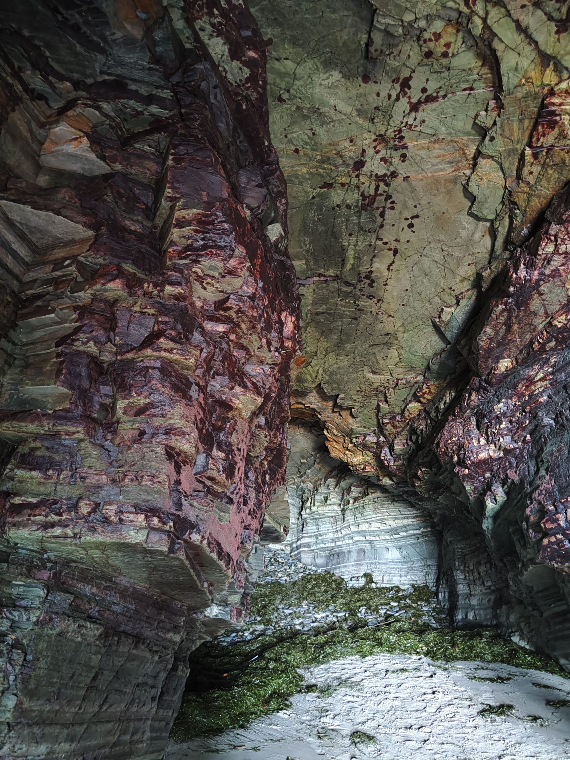 Interior de una cueva marina con paredes rocosas estratificadas y arena con algas.