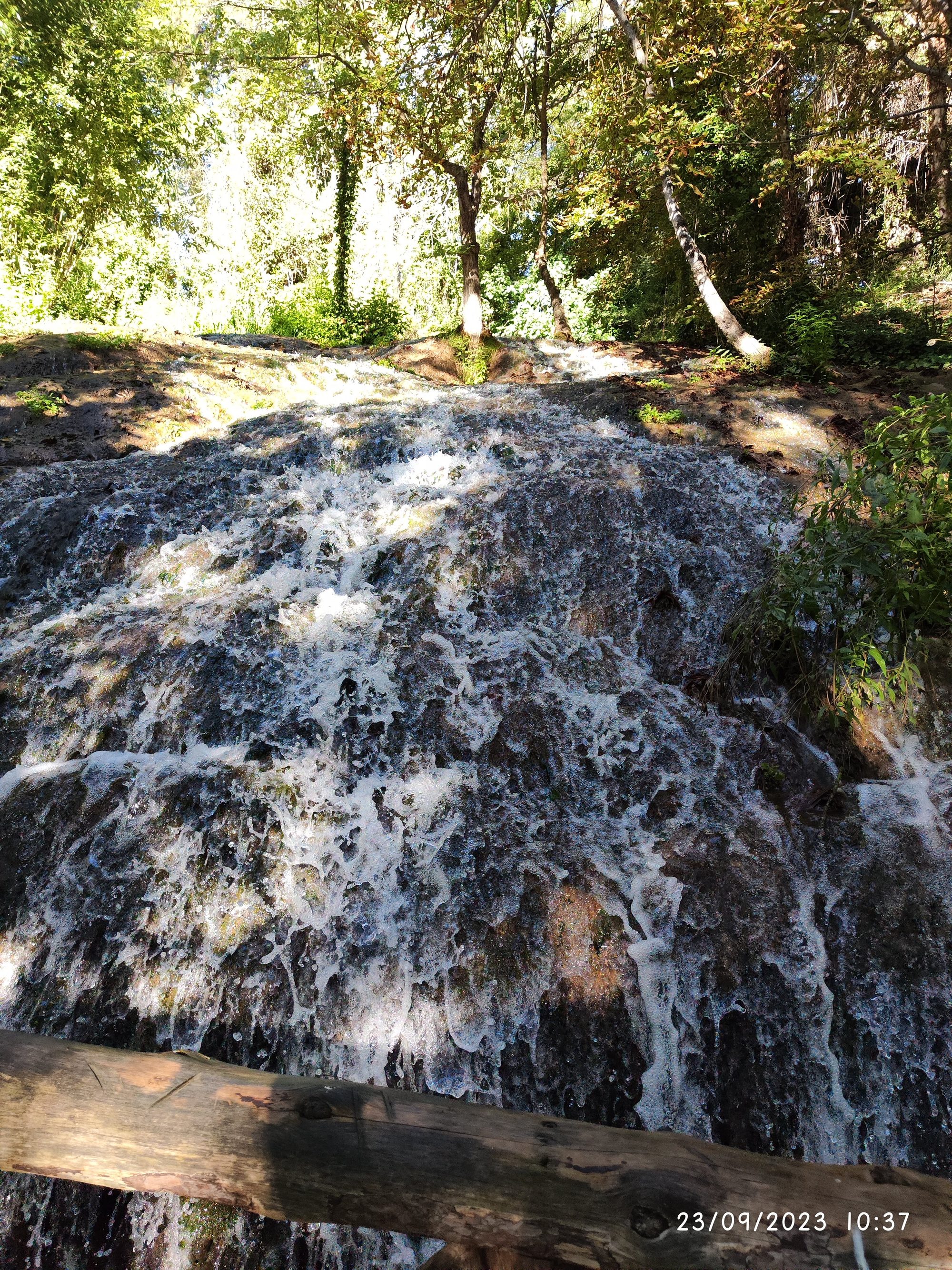 Agua de cascada fluyendo sobre rocas calizas cubiertas de vegetación en el bosque.