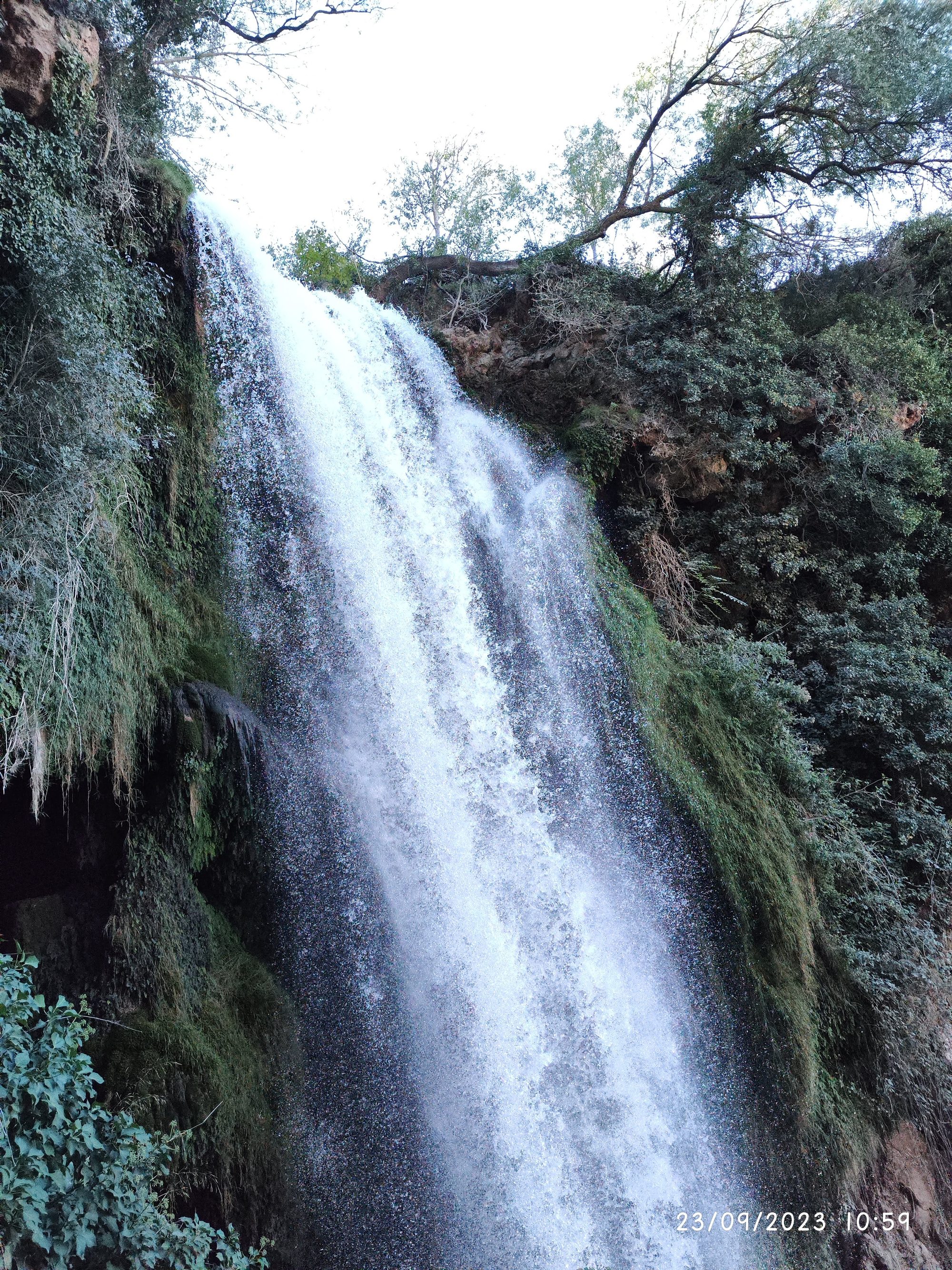 Gran cascada de agua cayendo por una pared rocosa rodeada de vegetación en Nuévalos.