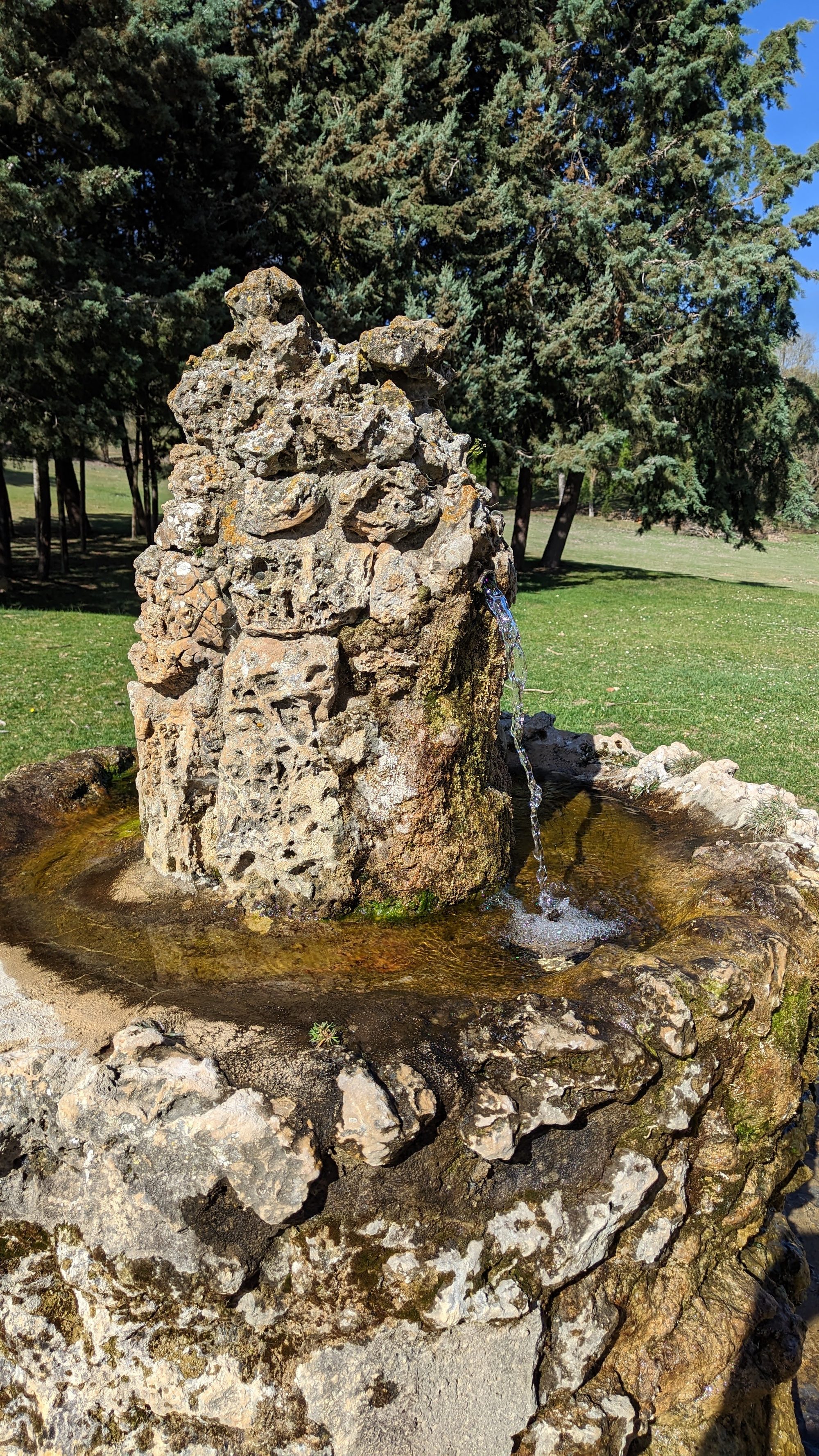 Fuente de piedra rústica manando agua limpia en un parque arbolado soleado