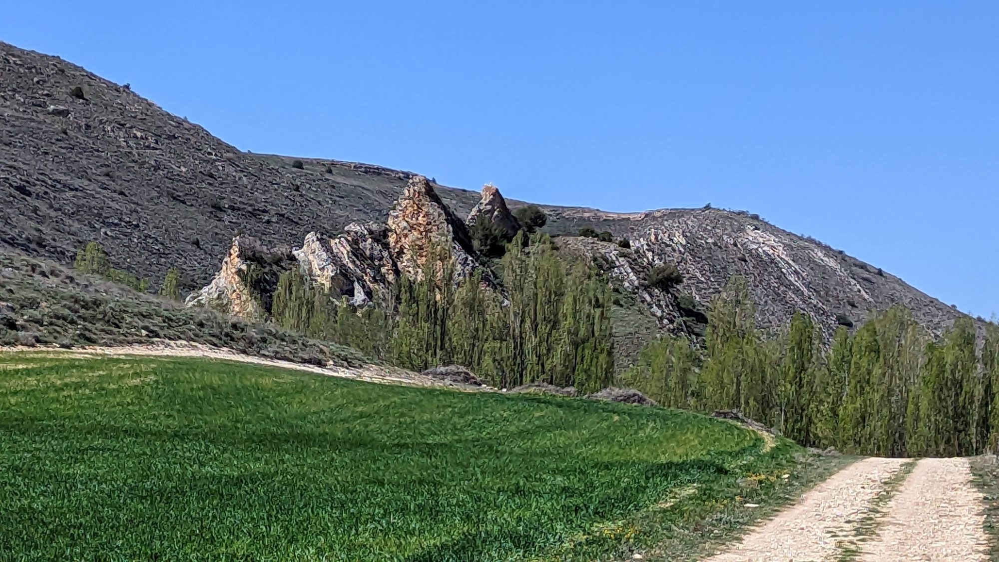 Camino de tierra junto a un campo verde y crestas rocosas entre los árboles.