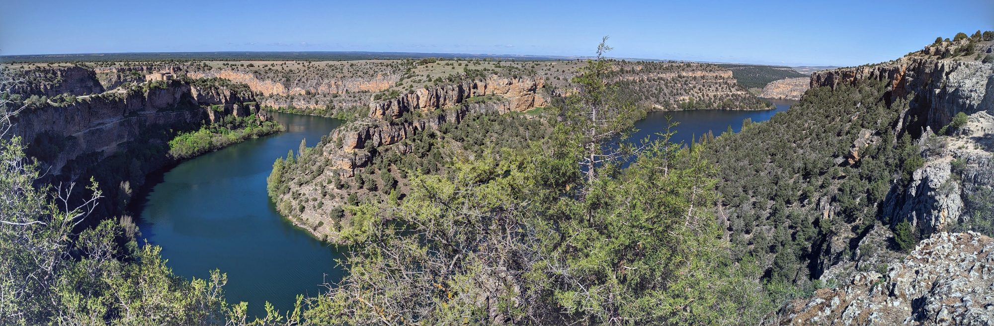 Vista panorámica del meandro del río Duratón entre cañones rocosos y vegetación bajo cielo despejado.