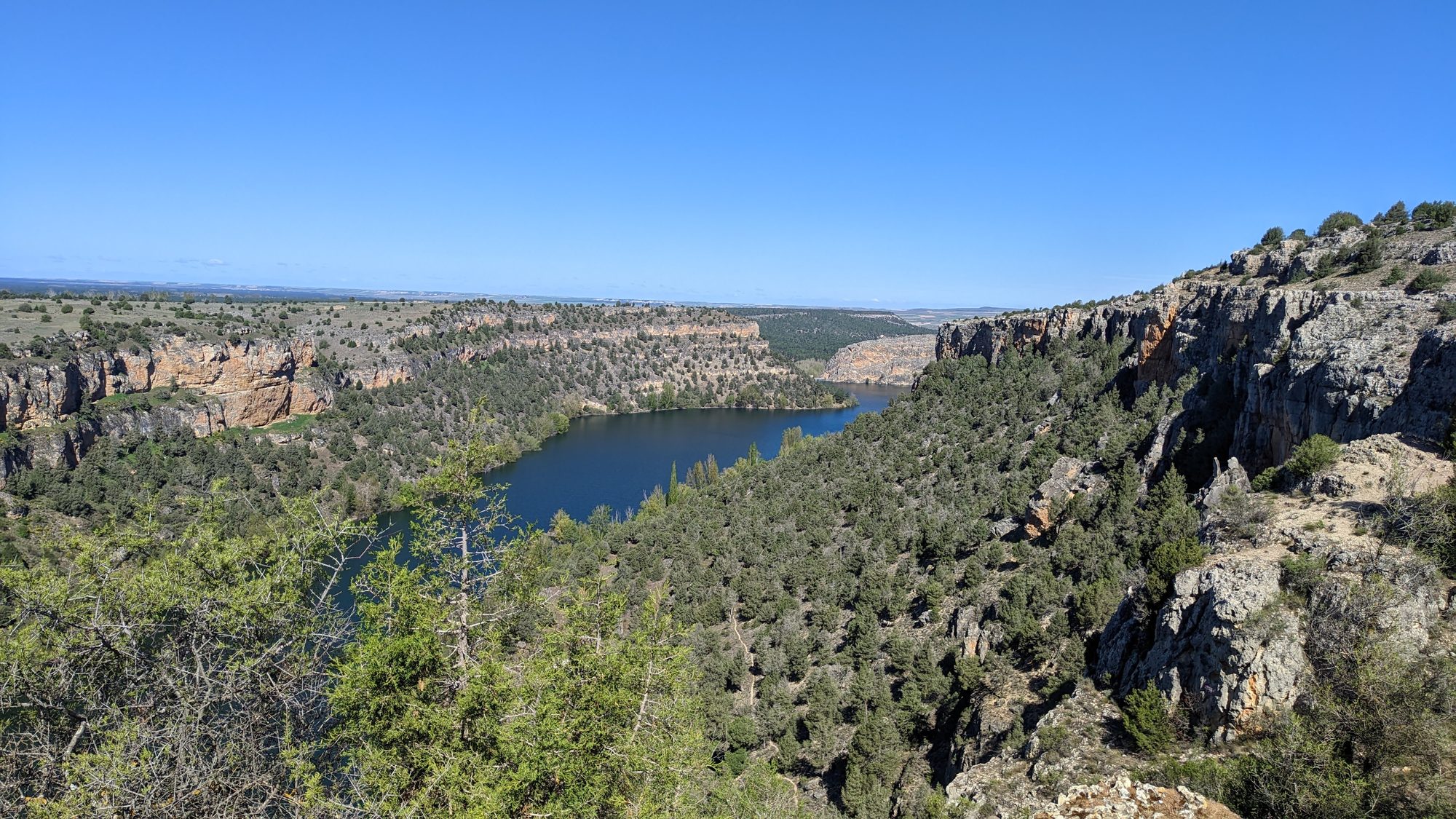 Cañón rocoso con un río azul serpenteando entre acantilados y vegetación bajo cielo despejado.