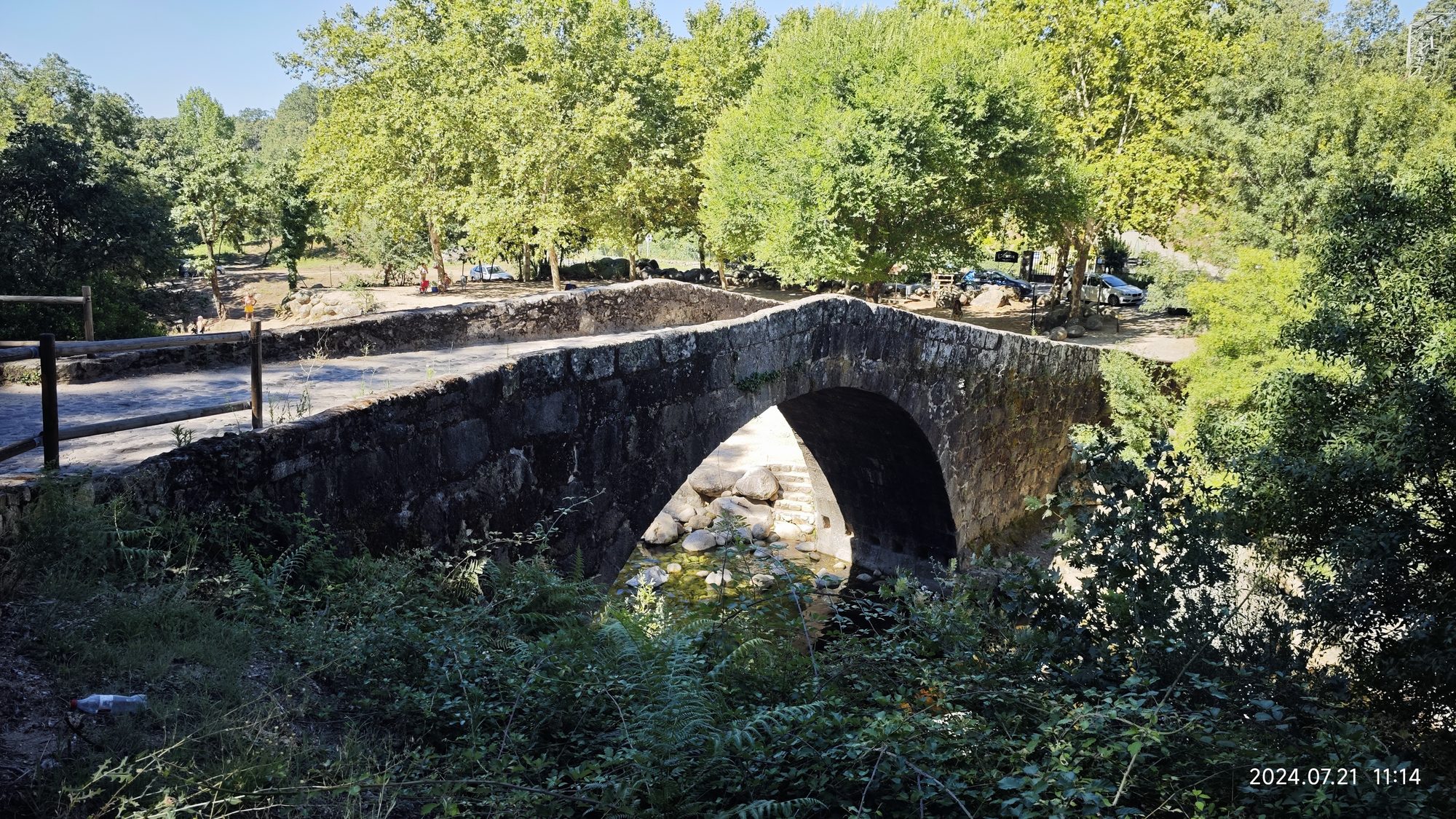 Puente de piedra antiguo rodeado de vegetación y árboles verdes sobre un río.
