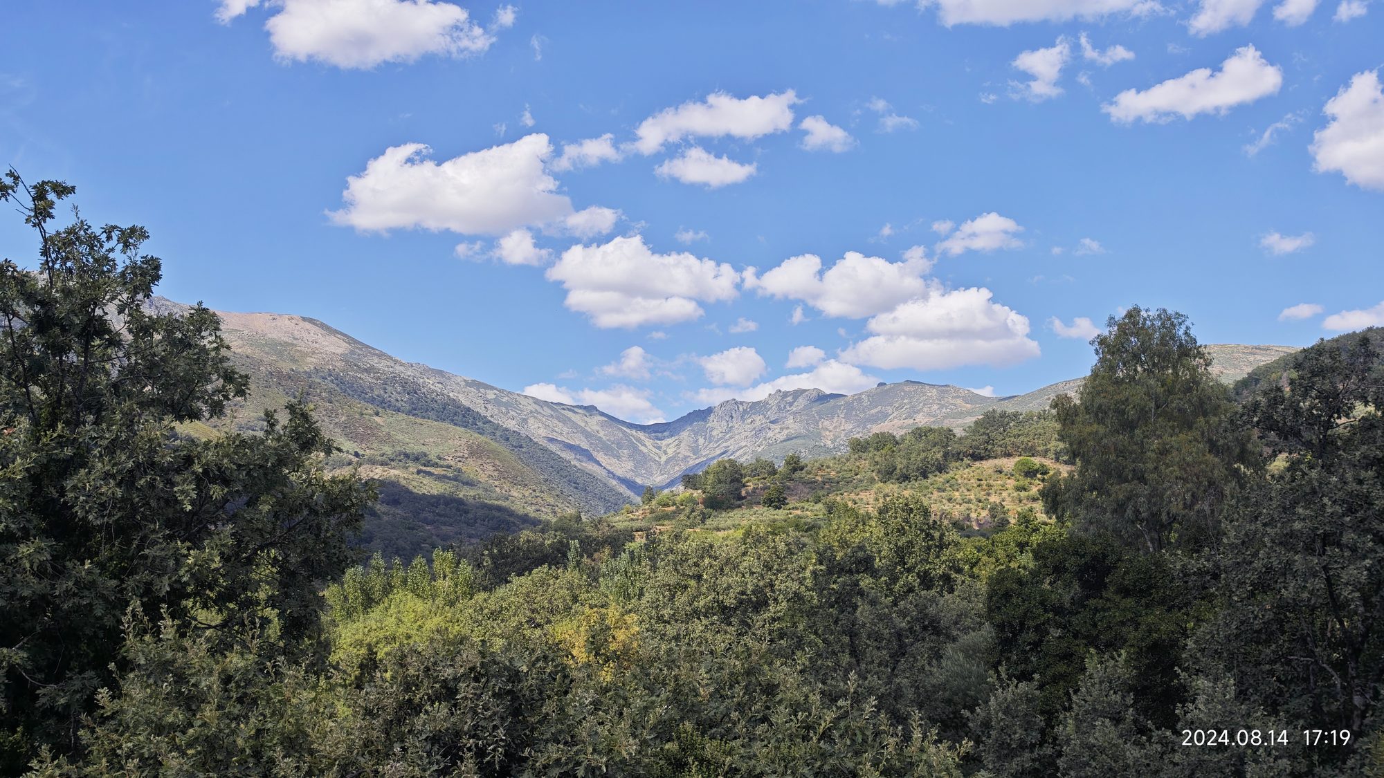 Paisaje montañoso con densos bosques verdes bajo un cielo azul con nubes blancas.