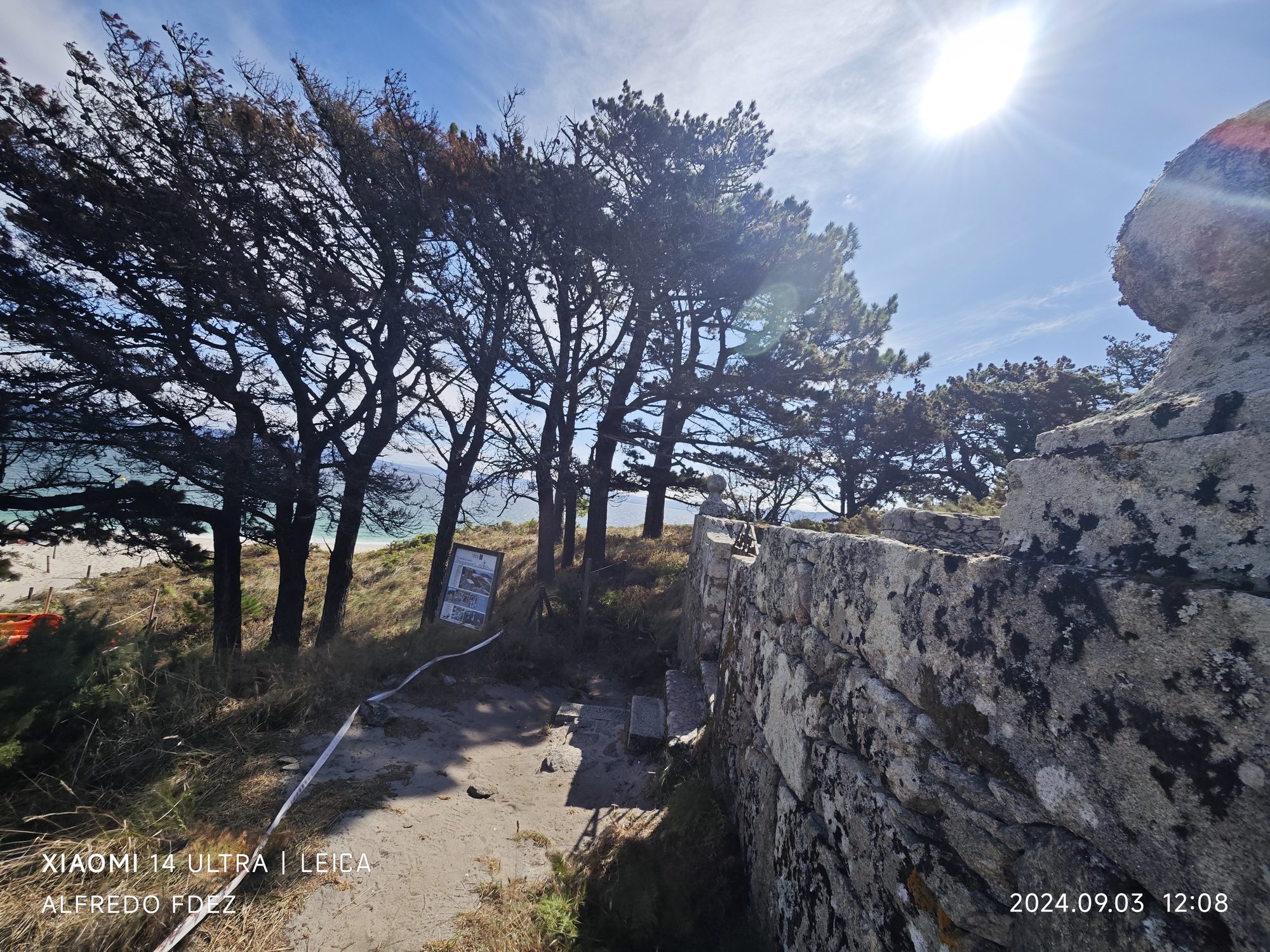 Muro de piedra antiguo y pinar junto a la costa soleada de Vigo.