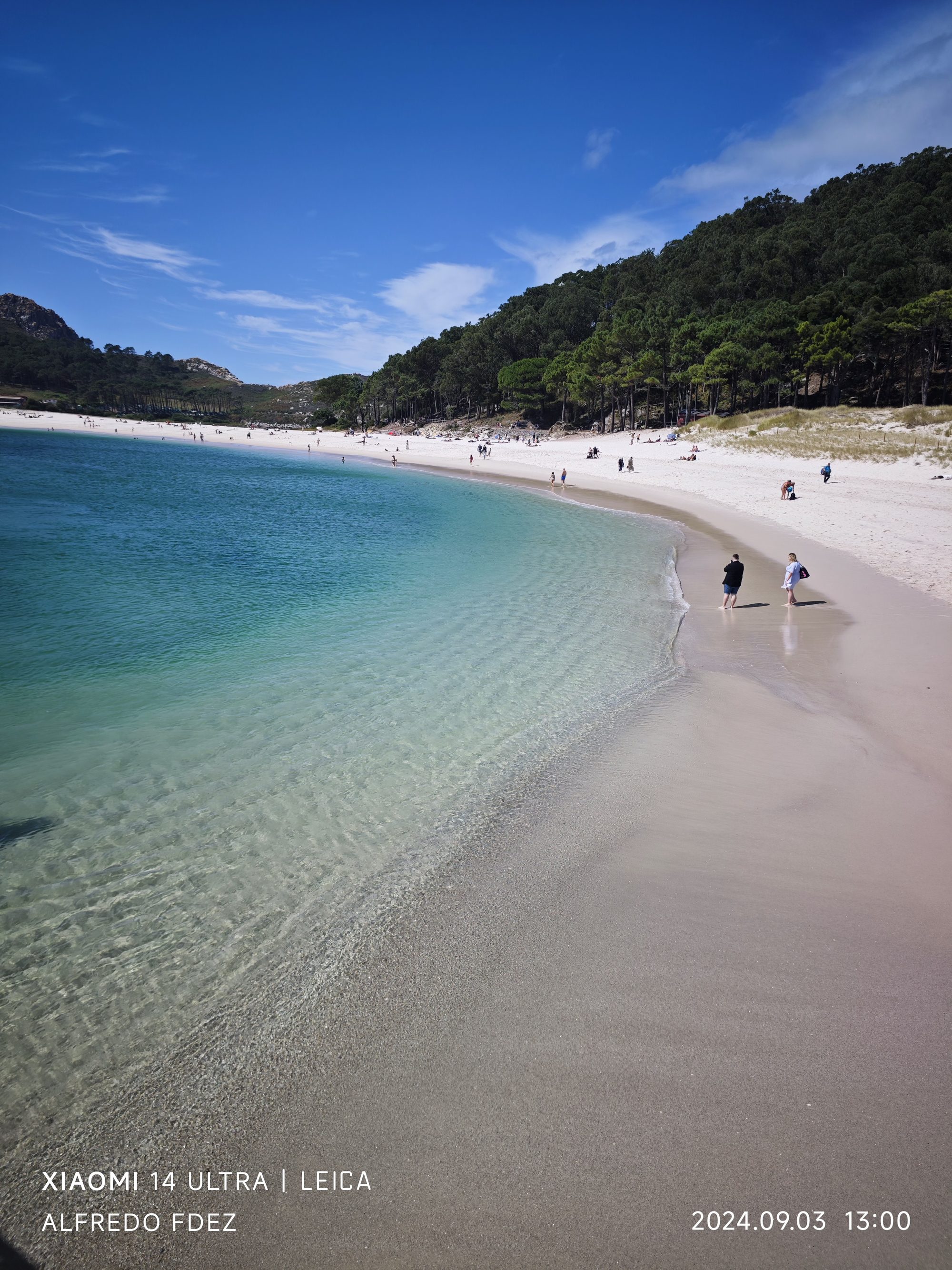 Playa de arena blanca y aguas turquesas rodeada de un frondoso pinar en Vigo.