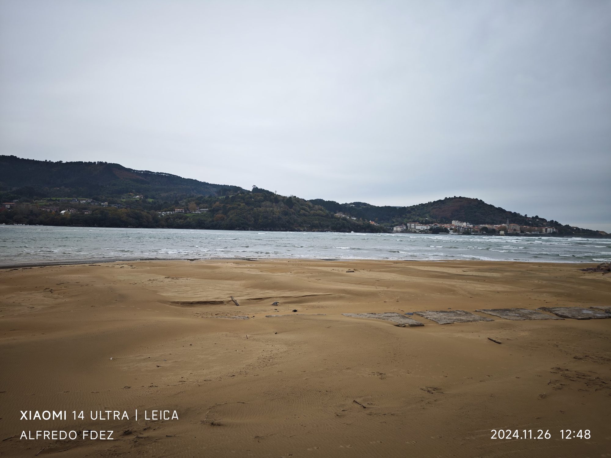 Playa de arena dorada y ría con colinas verdes bajo un cielo nublado.