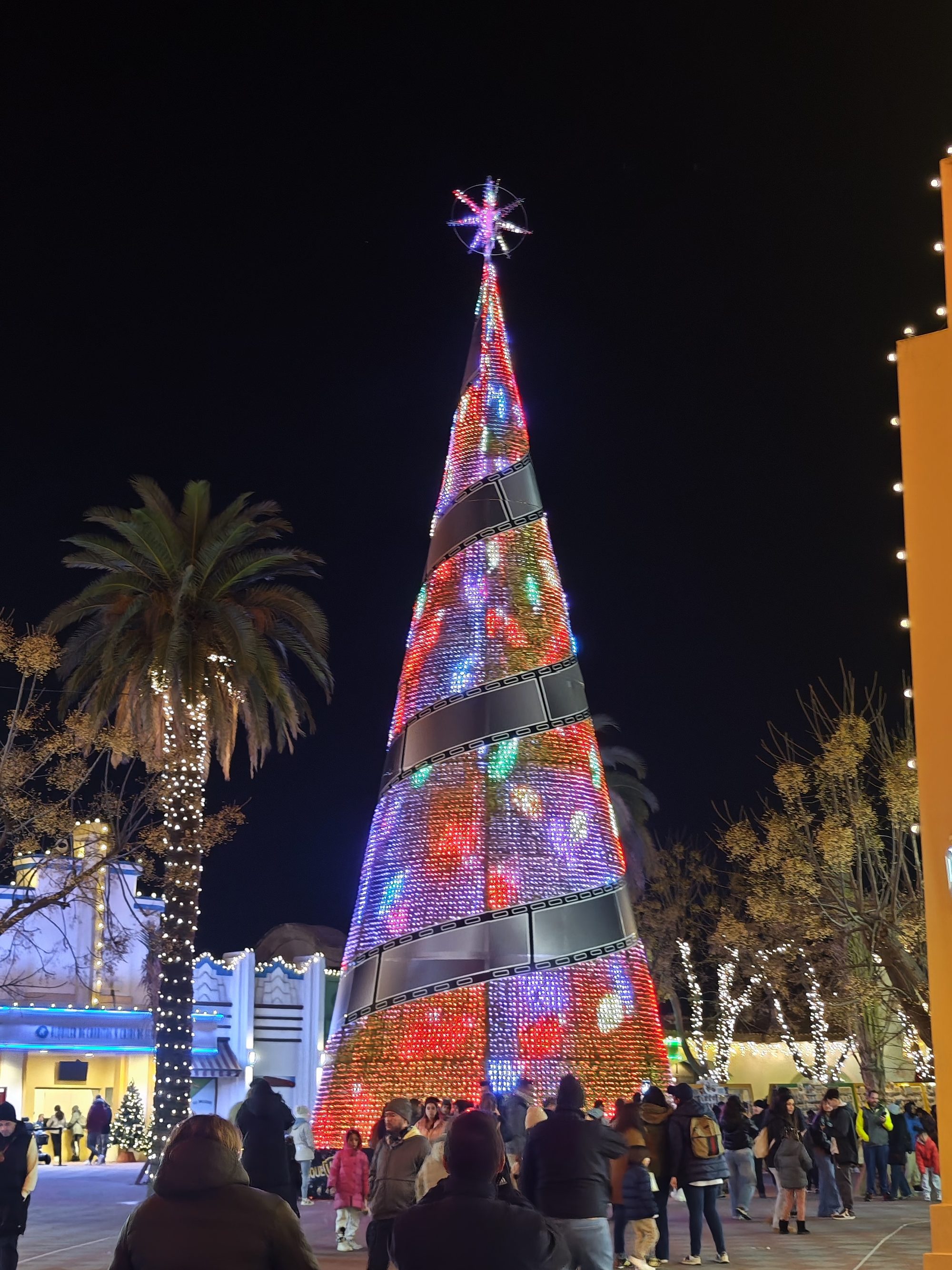 Árbol de Navidad gigante iluminado con cinta cinematográfica de noche junto a una palmera.