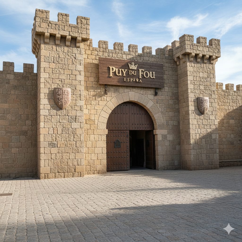 Entrada de piedra de estilo medieval con el letrero de Puy du Fou España.