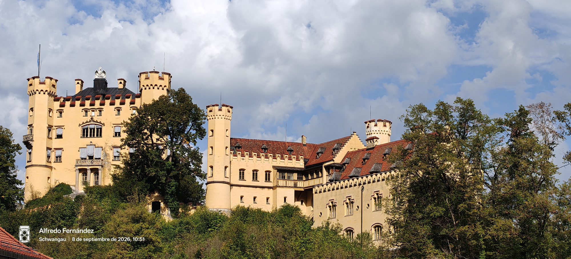 Castillo de Hohenschwangau de tonos amarillos rodeado de frondosos árboles bajo cielo nuboso.