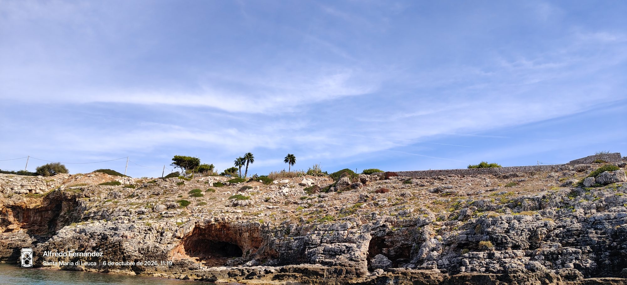 Acantilados rocosos con cuevas marinas y palmeras bajo un cielo azul despejado.