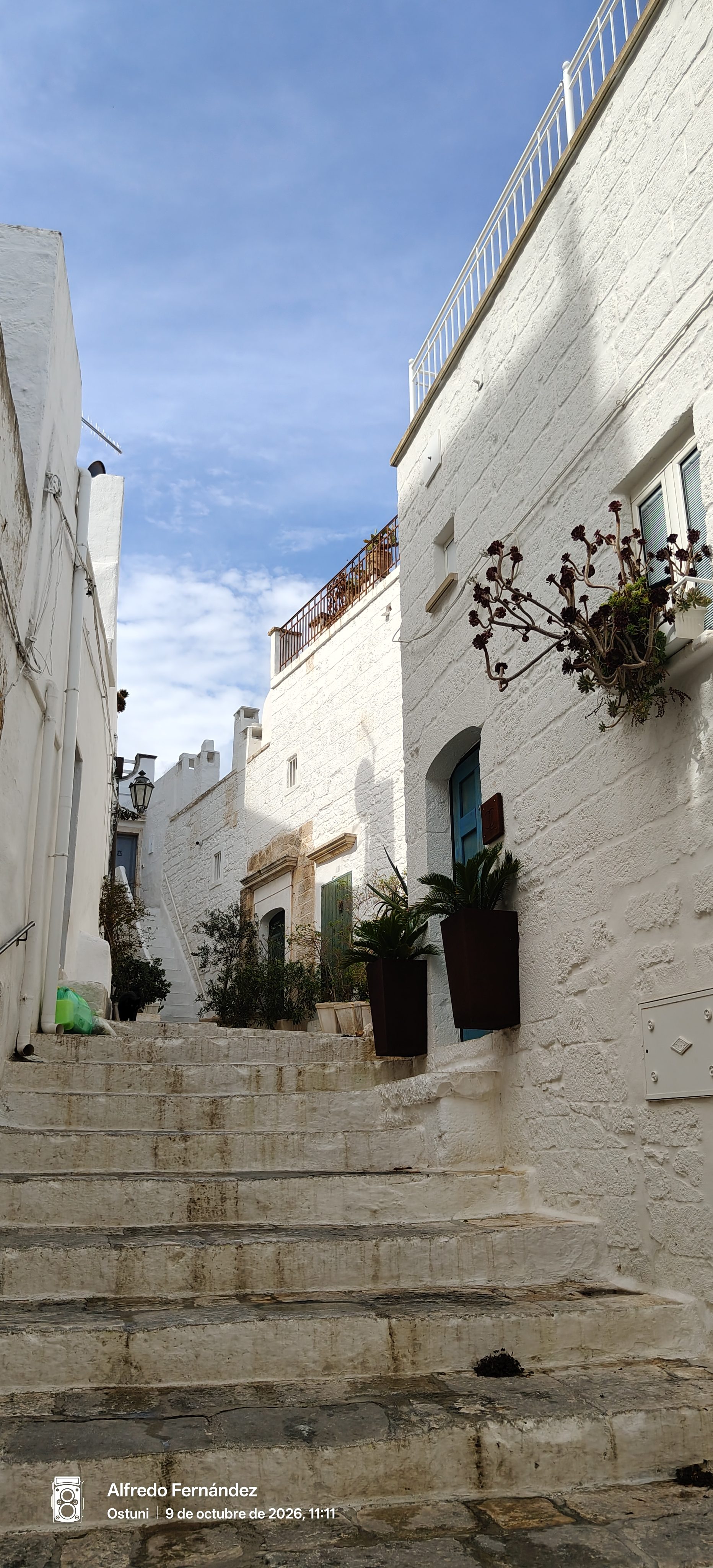 Escaleras de piedra entre fachadas encaladas y macetas en un callejón blanco.