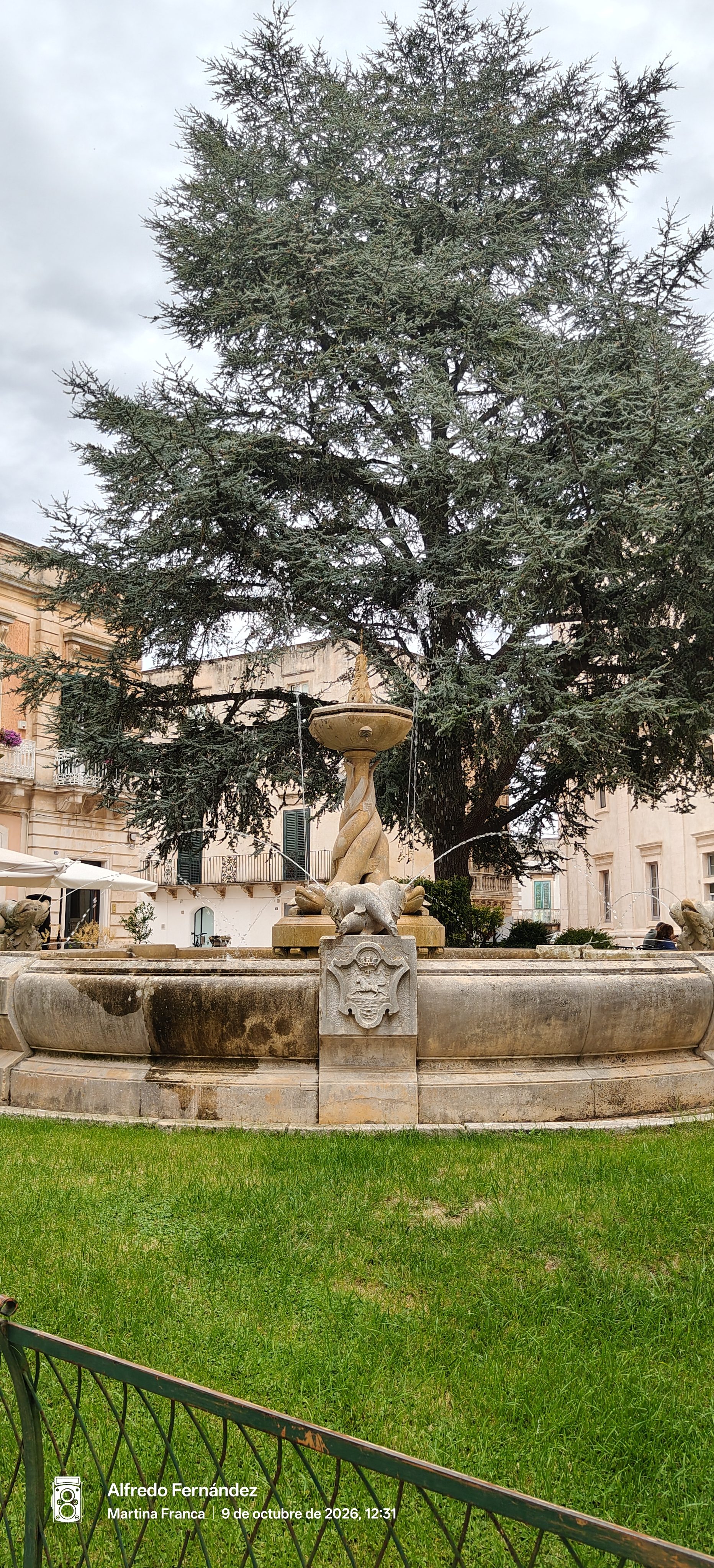 Fuente histórica de piedra con chorros de agua frente a un frondoso árbol.