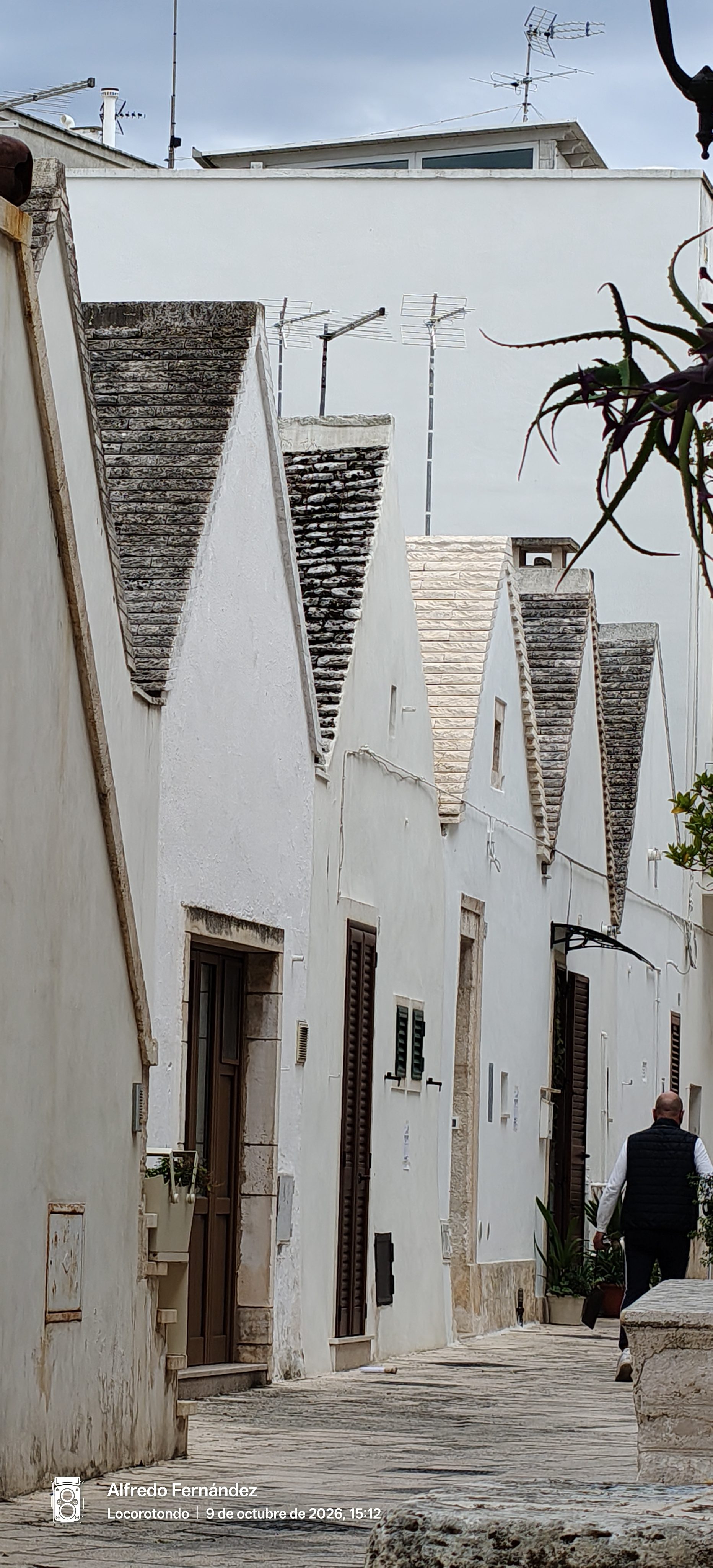 Calle adoquinada con casas blancas de tejados puntiagudos tradicionales en Locorotondo.