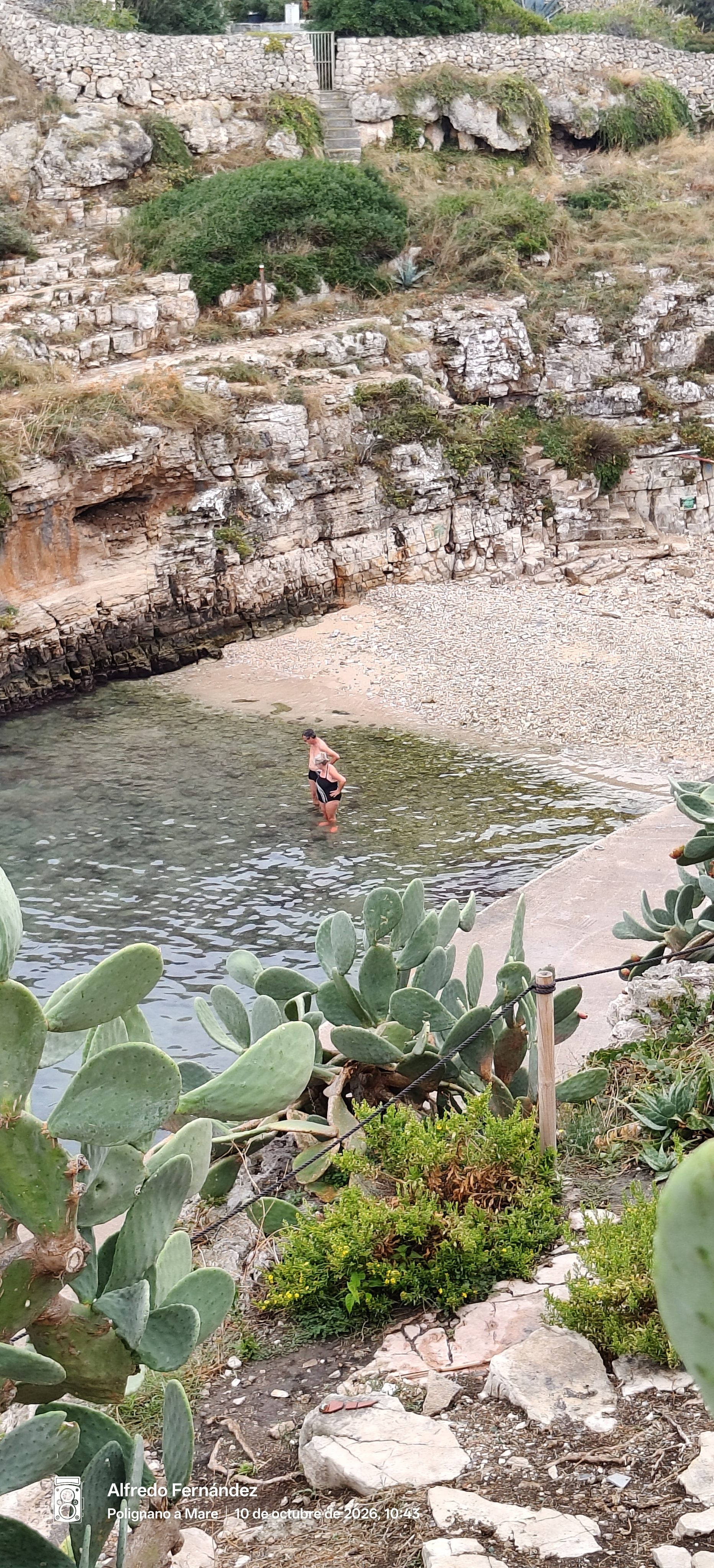Cala rocosa con chumberas en primer plano y bañistas en aguas cristalinas.