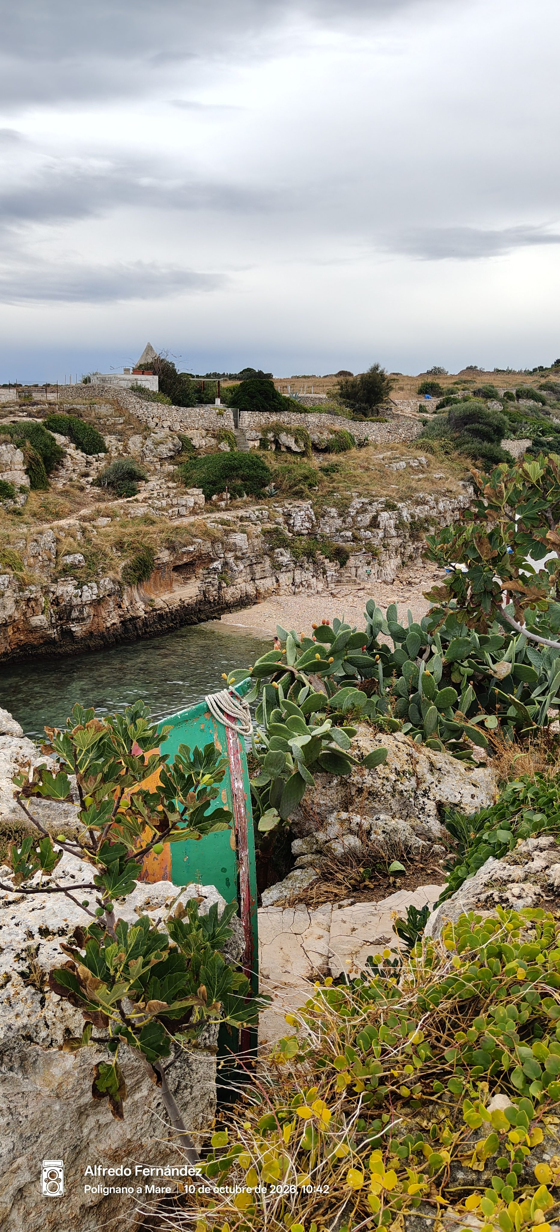 Barca de madera entre chumberas y rocas frente a una cala en la costa.