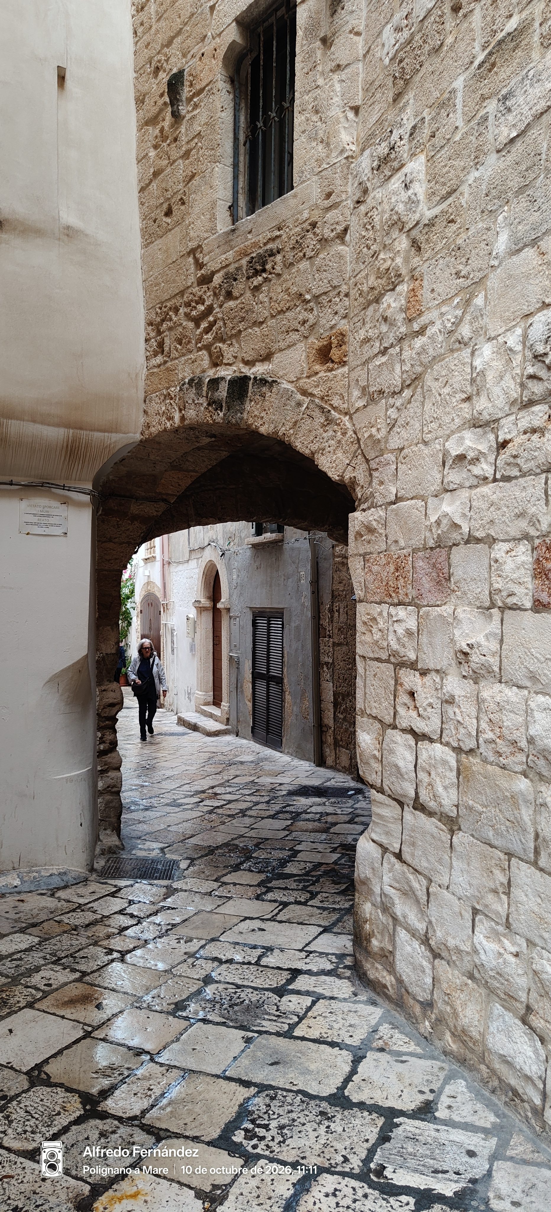 Callejón adoquinado bajo un arco de piedra rústica en el casco histórico.