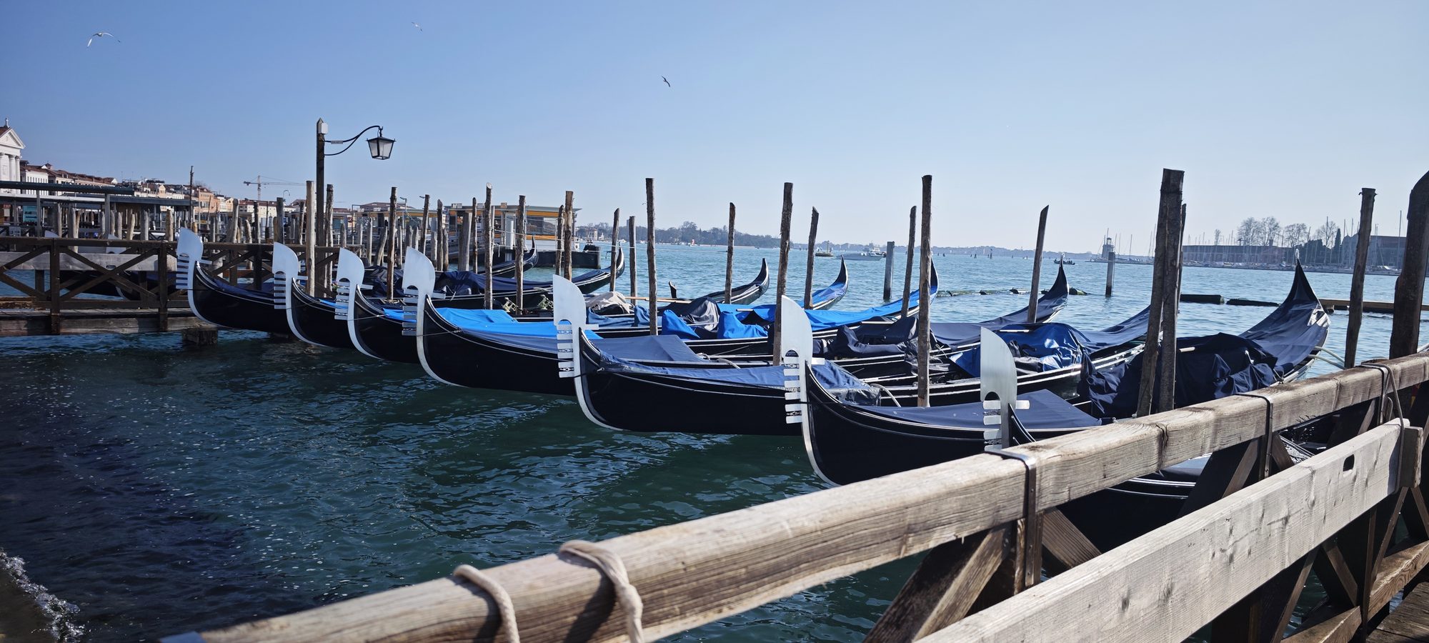 Góndolas amarradas en un muelle de madera bajo el cielo despejado de Venecia.