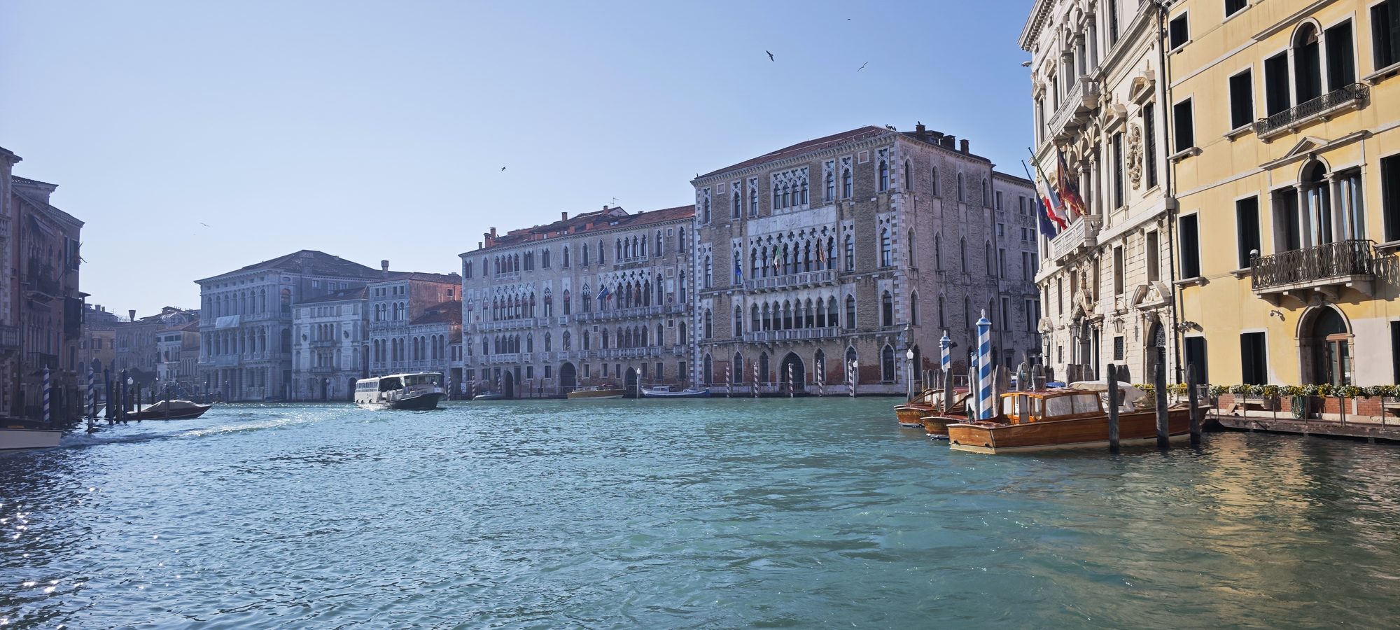 Edificios históricos venecianos y barcos navegando por las aguas turquesas del Gran Canal.